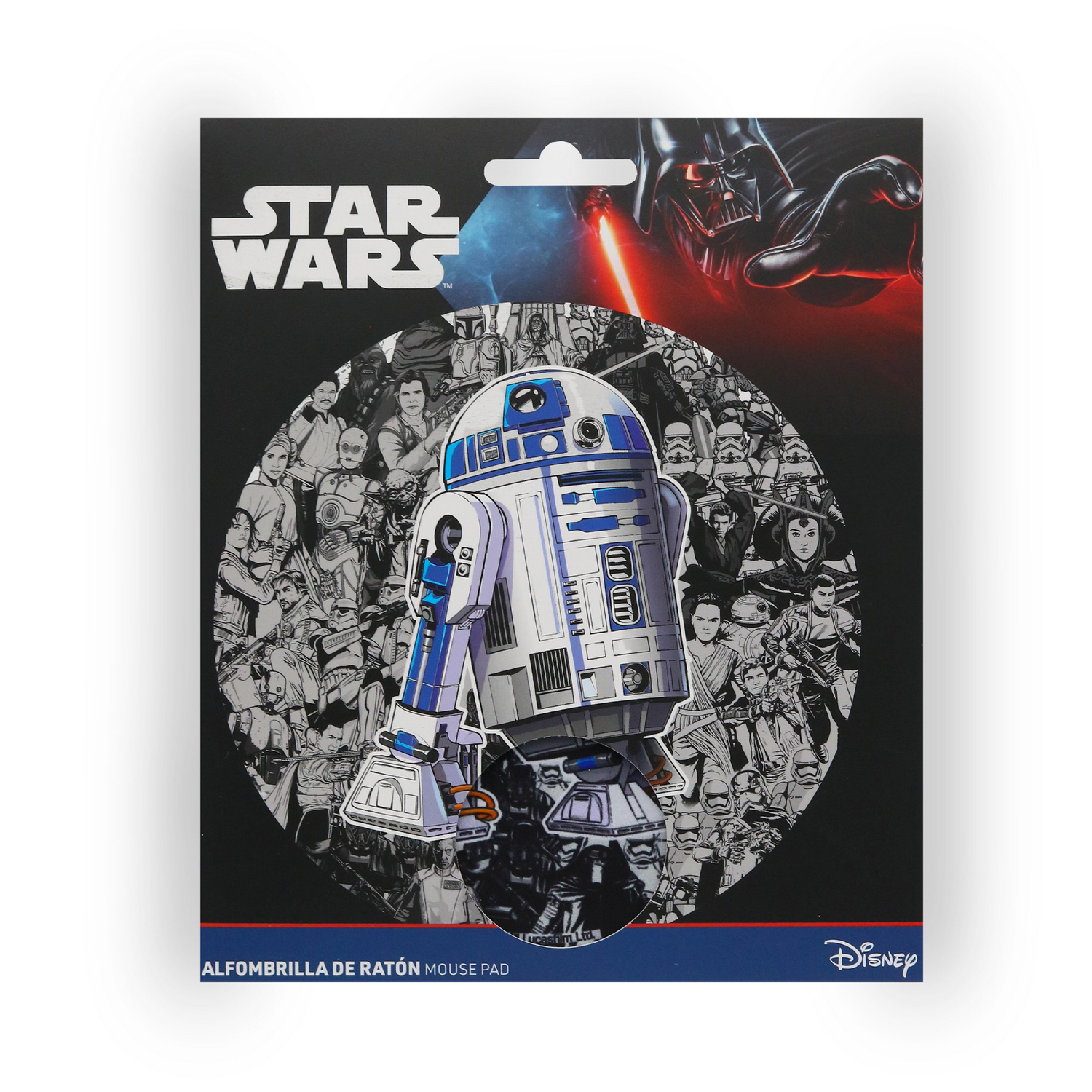 Alfombrilla de ratón de Star Wars con R2-D2 en el centro. Personajes de fondo. Darth Vader arriba a la derecha. Logotipo de Disney abajo.