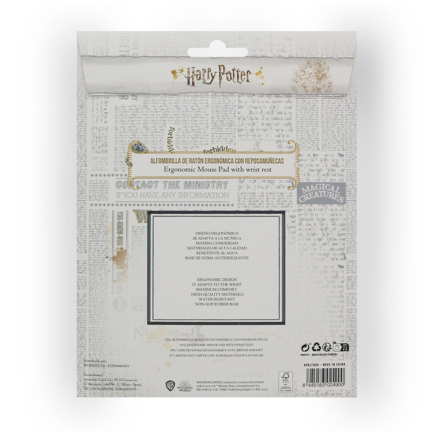 Embalaje de alfombrilla de ratón de Harry Potter. Texto en inglés y español. Presenta el logotipo de Harry Potter y criaturas mágicas.