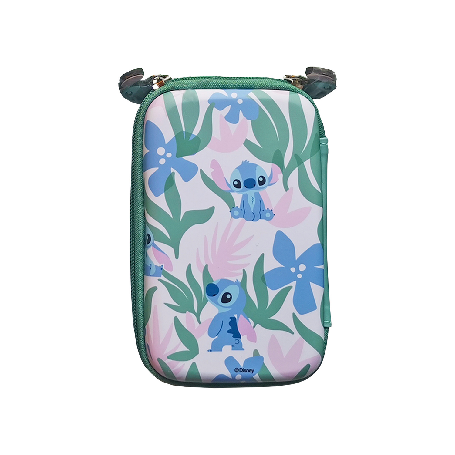 Un estuche con cremallera y asa verdes. Tiene un diseño floral con personajes de Stitch sobre un fondo blanco.