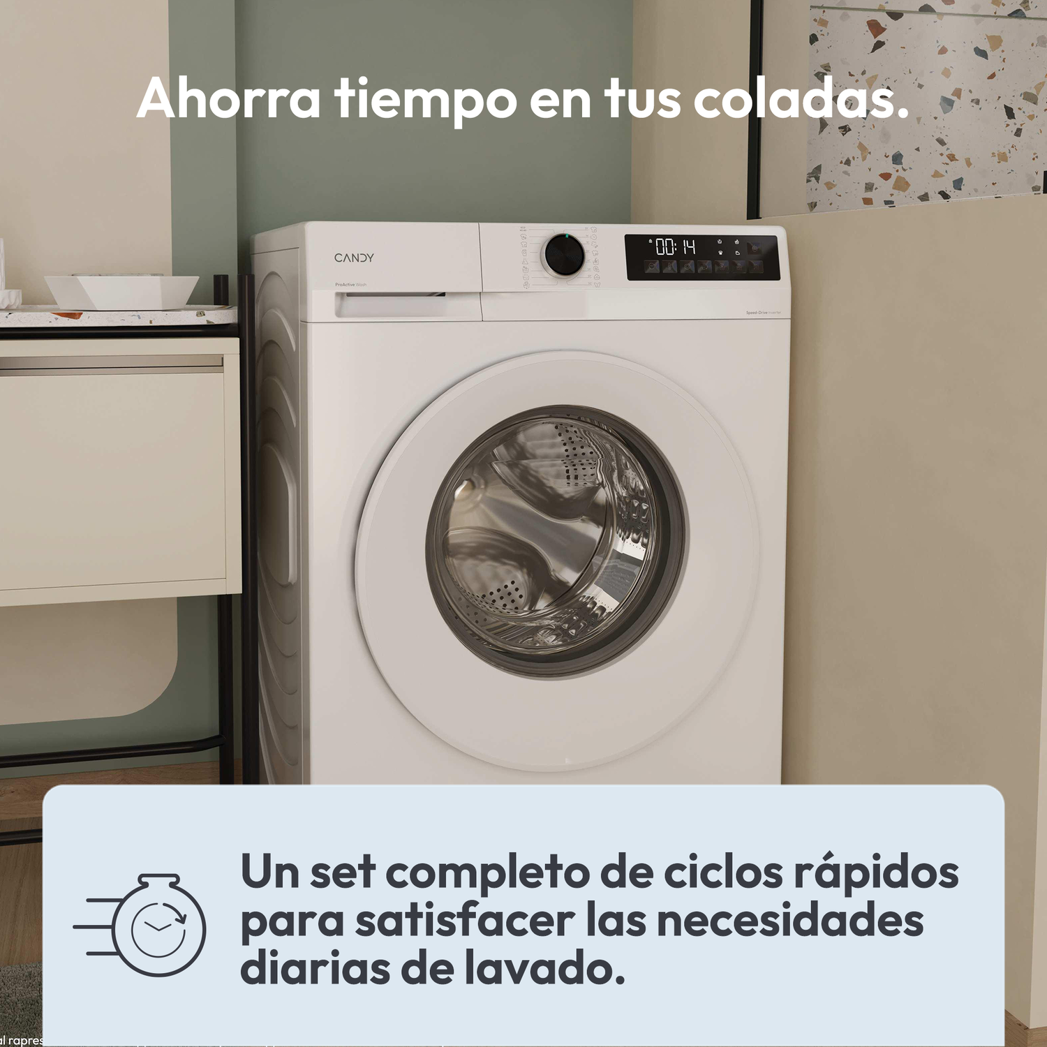 Una lavadora Candy blanca con pantalla digital. El texto inferior dice 'Un set completo de ciclos rápidos'.