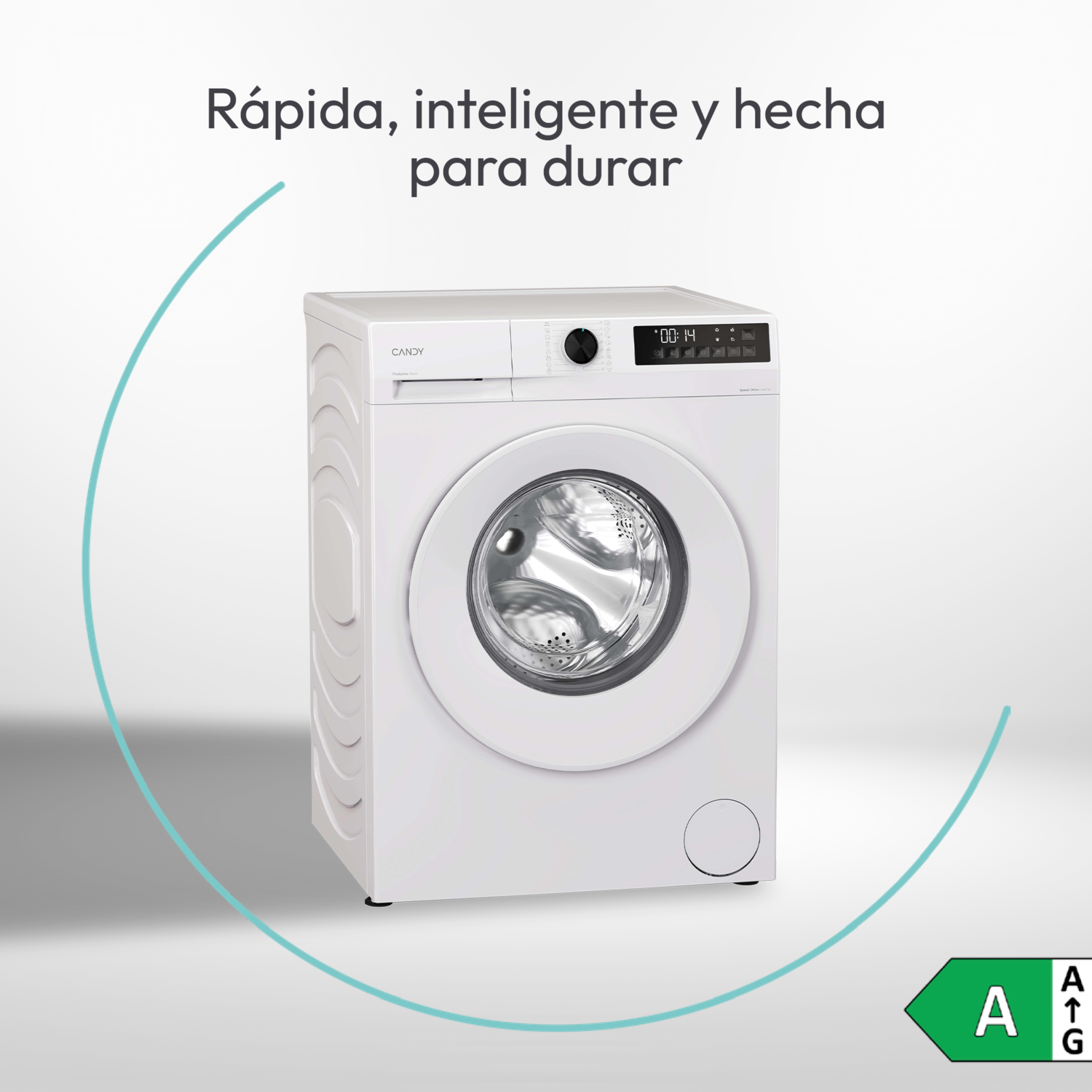 Una lavadora Candy blanca. El texto superior dice: Rápida, inteligente y hecha para durar. A la derecha hay una etiqueta de eficiencia energética.