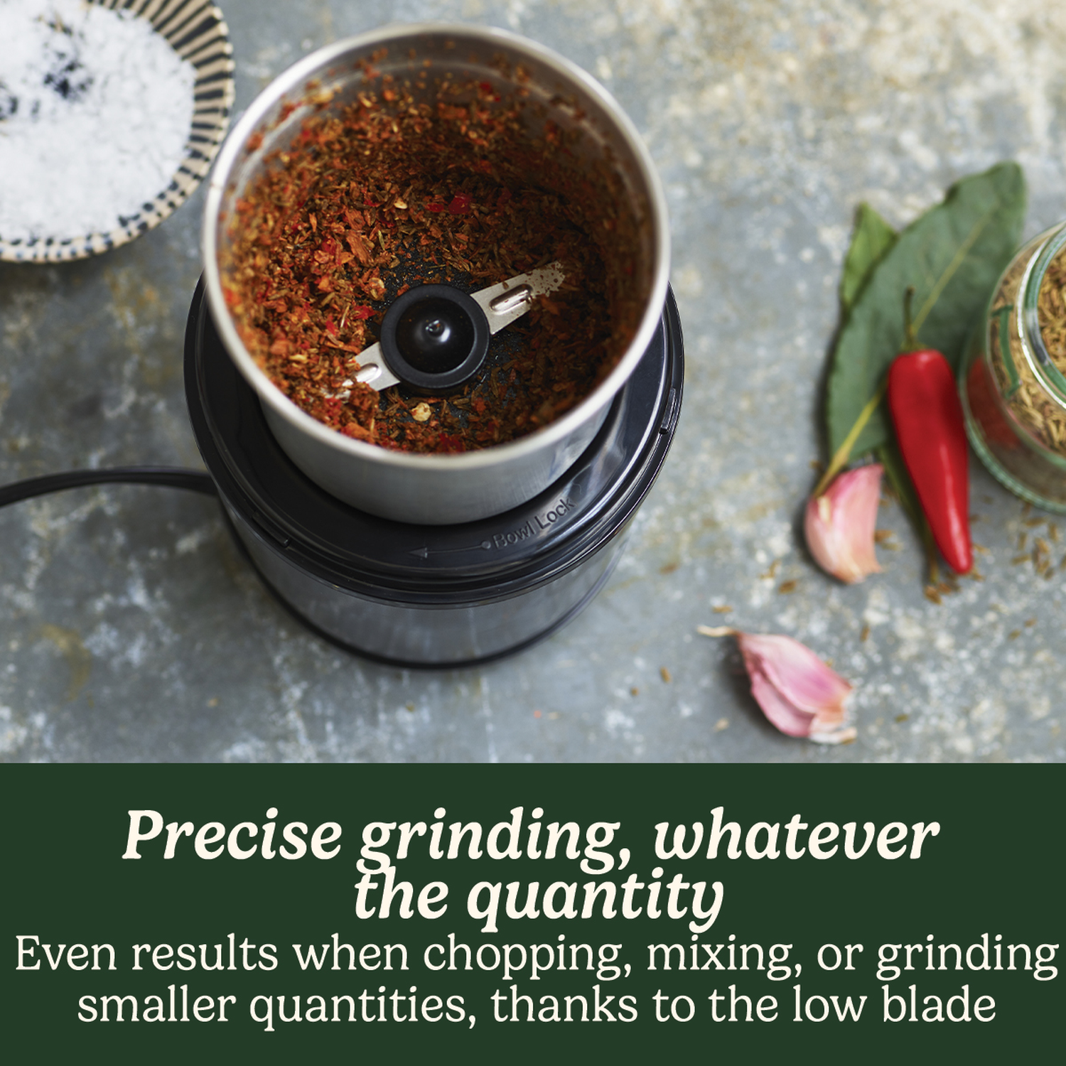 A spice grinder with spices inside, next to salt, garlic, chilies, and bay leaves on a gray surface.