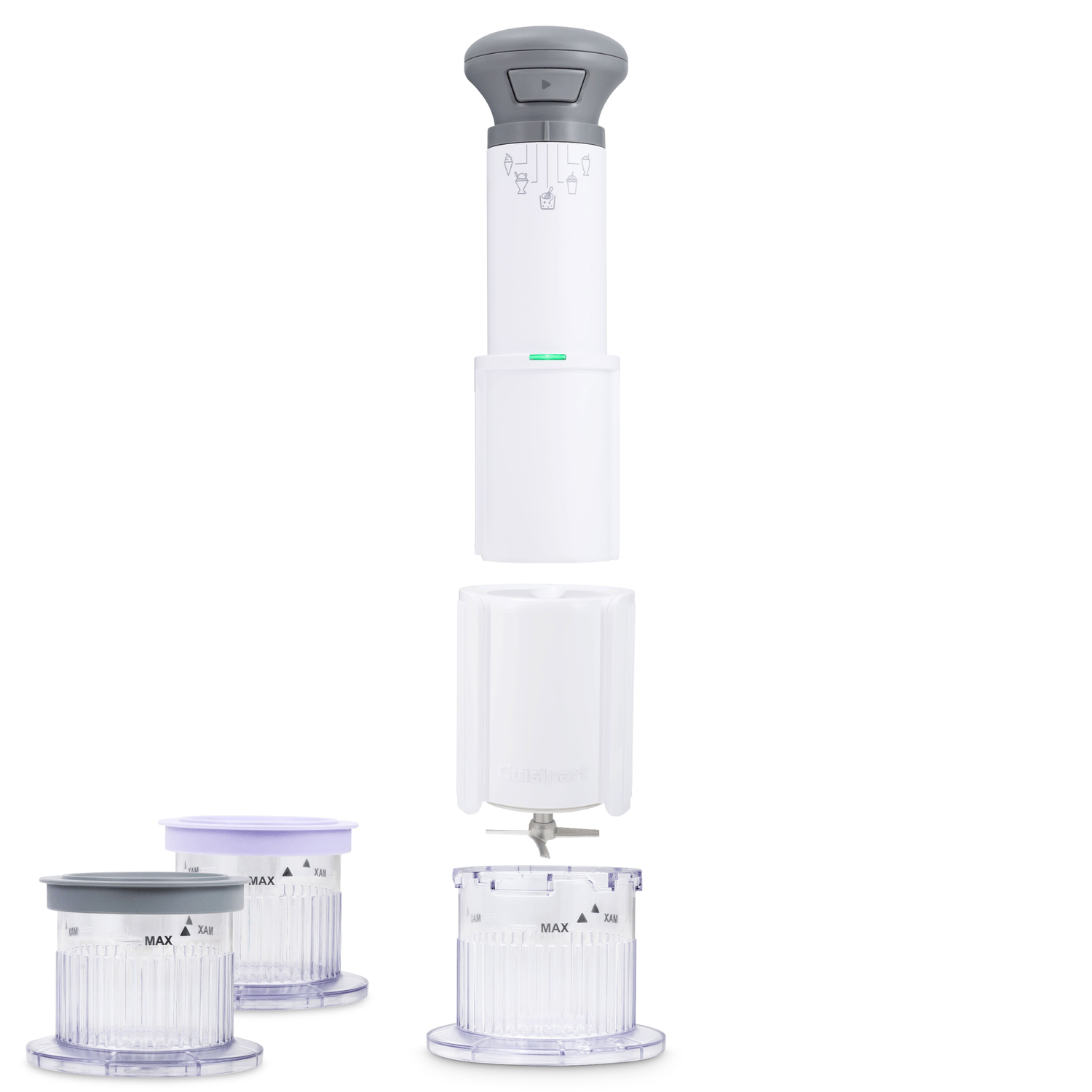 Een gedemonteerde Cuisinart food chopper. Onderdelen zijn onder meer een grijze bovenkant, witte behuizing, doorzichtige container en twee extra containers.