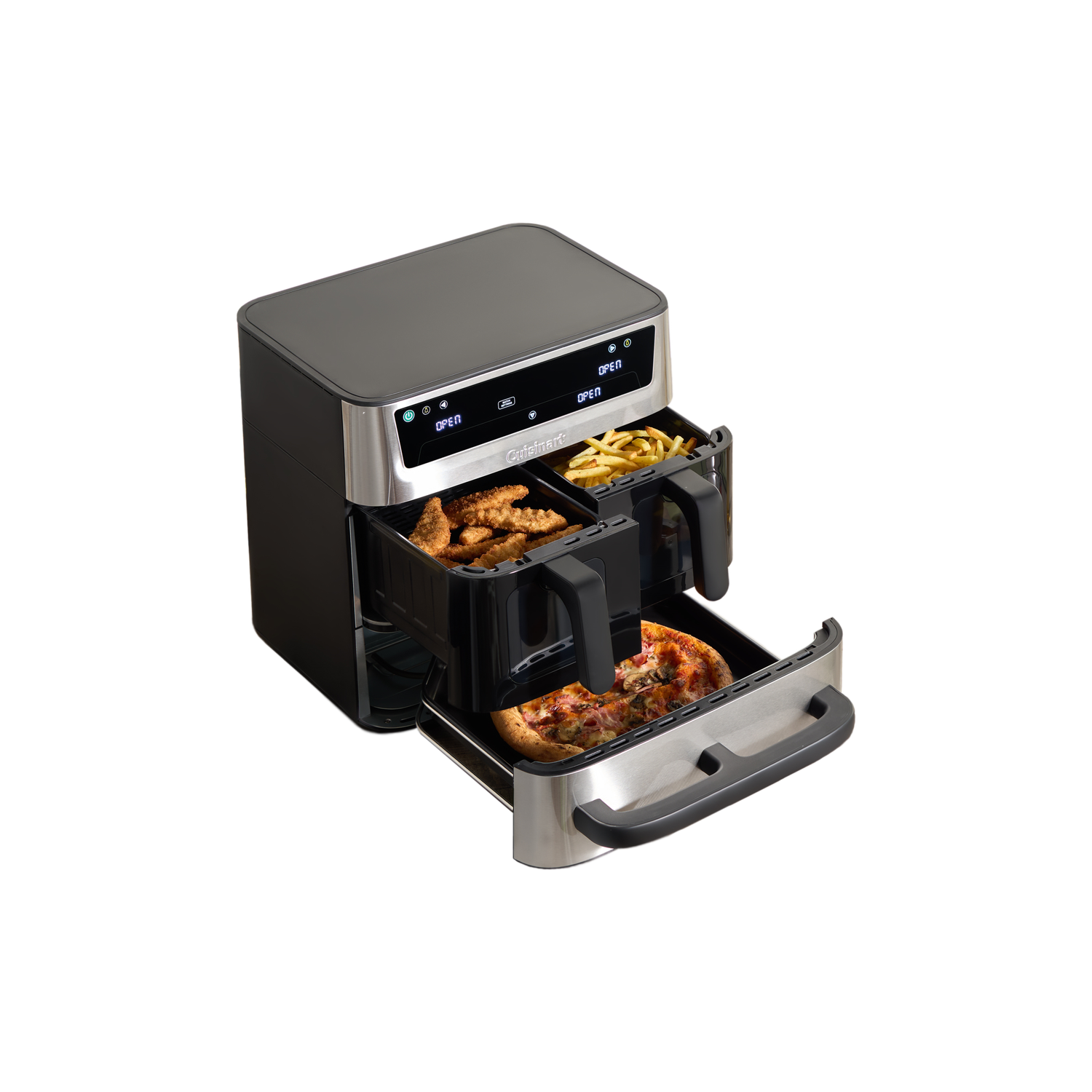 Black and silver air fryer with open drawers. One drawer contains pizza, others have fries and chicken tenders. Black background.