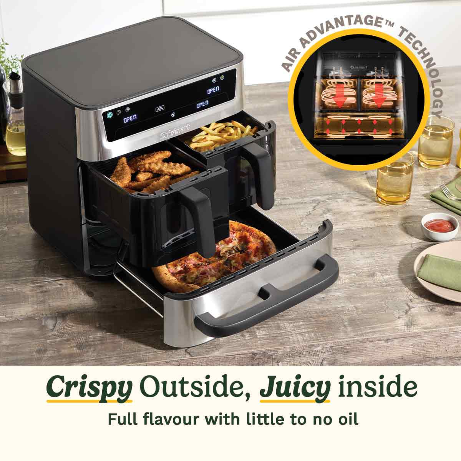 An air fryer with food inside, including pizza, fries, and chicken. The text reads 'Crispy Outside, Juicy inside'.
