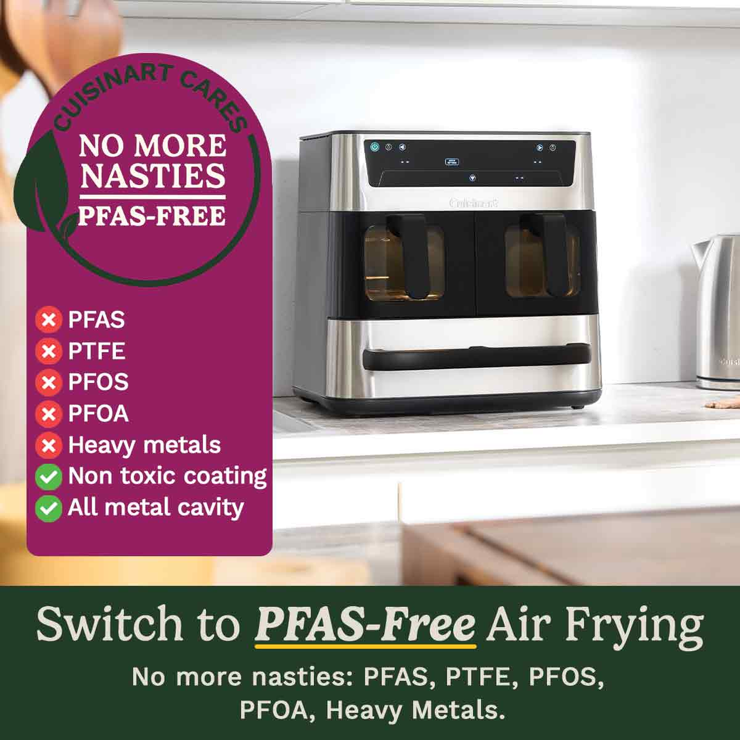 An air fryer on a countertop. Text highlights PFAS-free features, with a list of harmful substances it avoids.