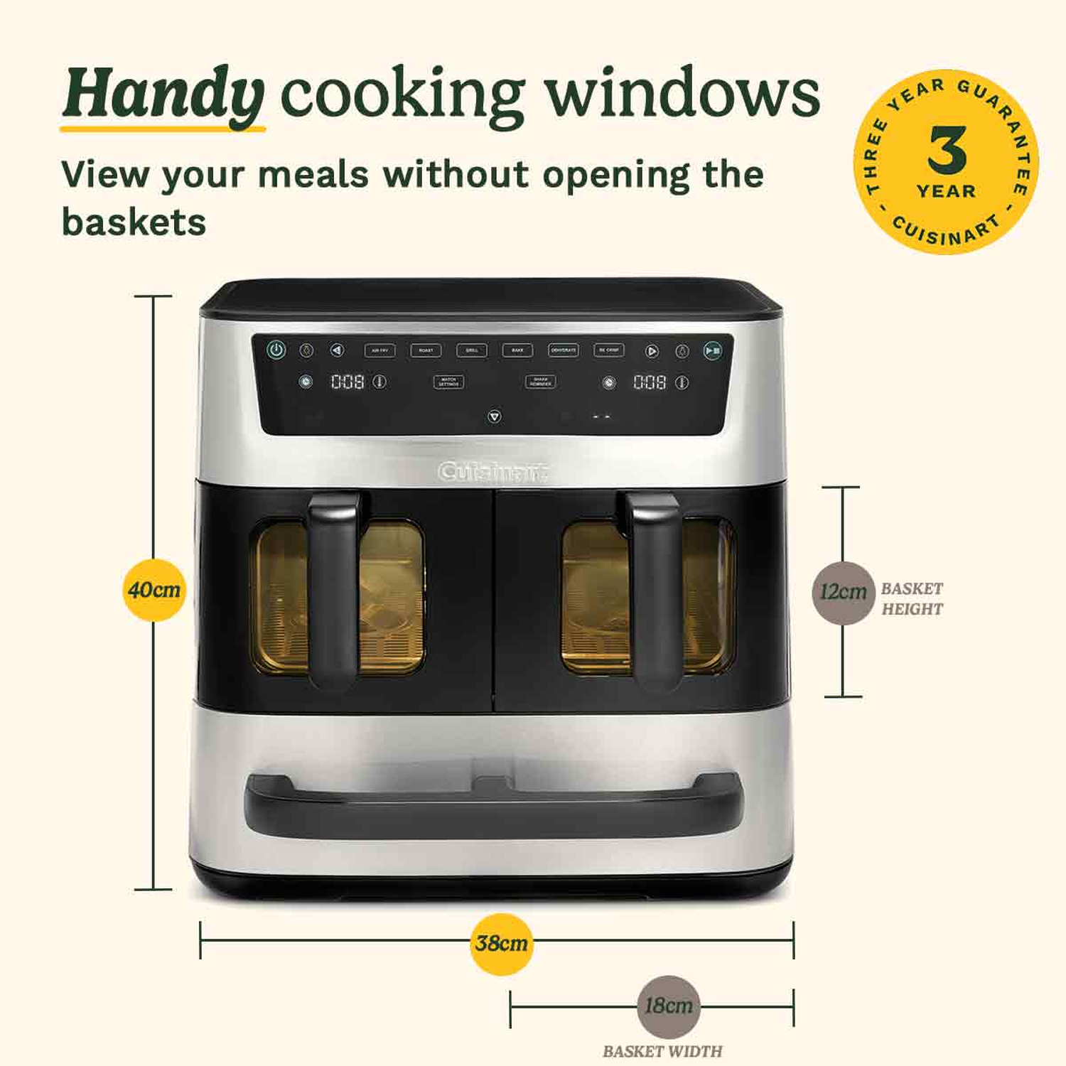 An air fryer with handy cooking windows. It's black, silver and has two baskets. Dimensions are provided.