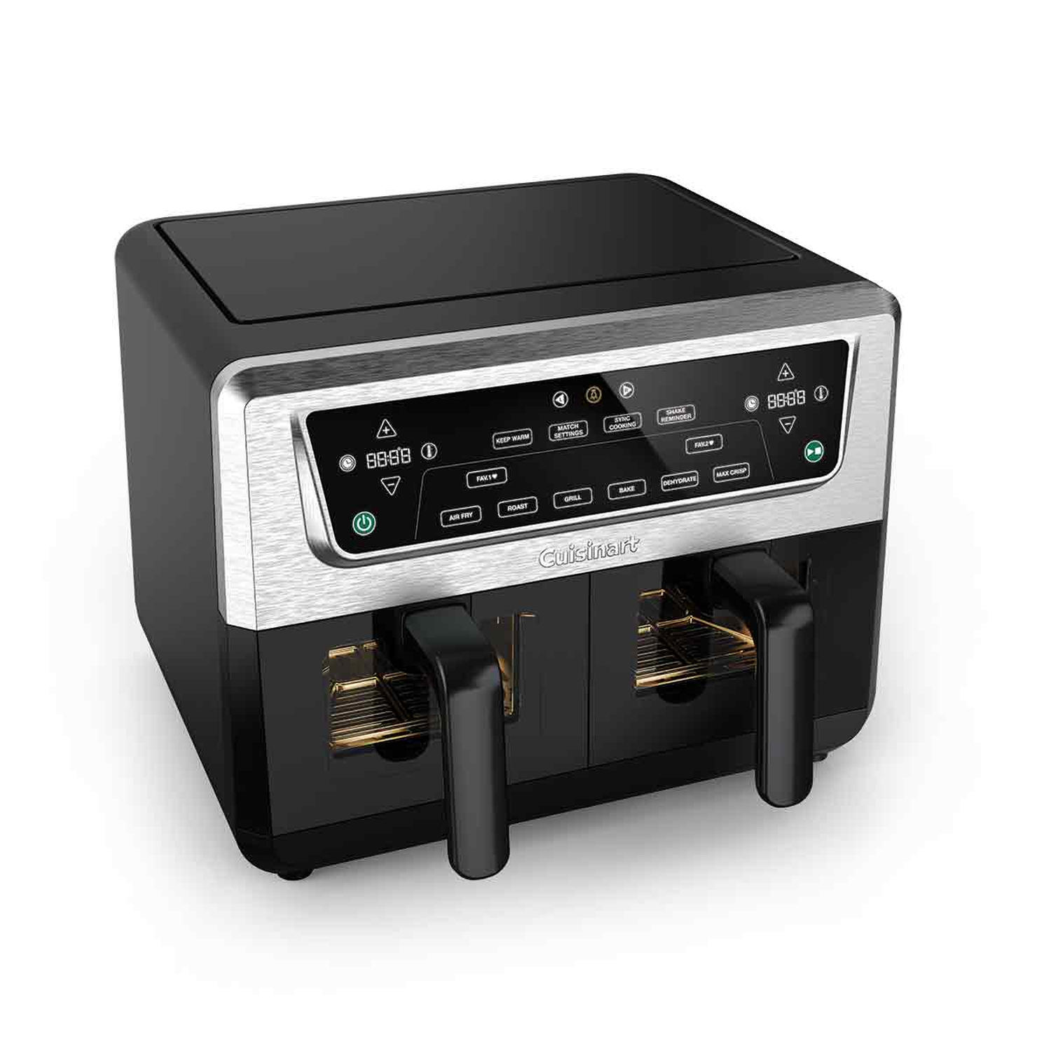 Black and silver Cuisinart air fryer. It has two compartments, digital display, and various cooking functions.