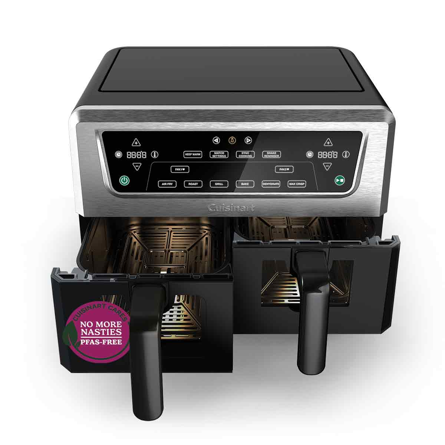 A Cuisinart air fryer with two compartments. It has digital controls and a black and silver design. The drawers are open.