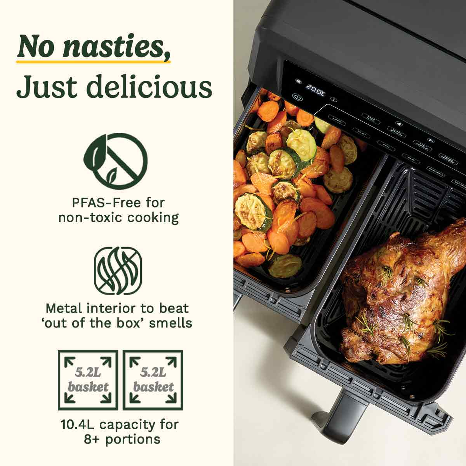 An air fryer with cooked vegetables and a roasted meat inside. Text says 'No nasties, just delicious', and 'PFAS-Free for non-toxic cooking'.