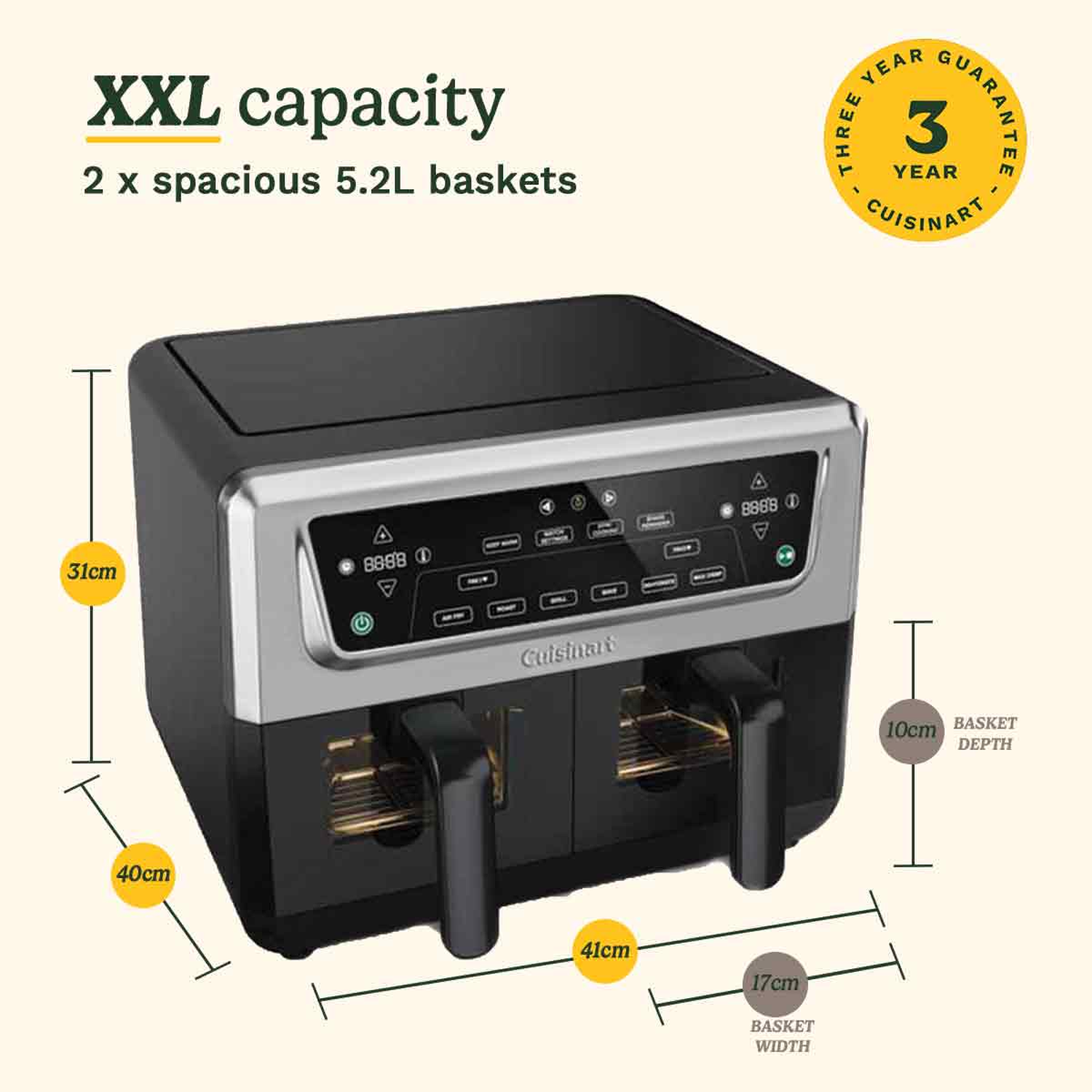 A black and silver air fryer with two baskets. It has a digital display and buttons. Dimensions are noted with measurements.