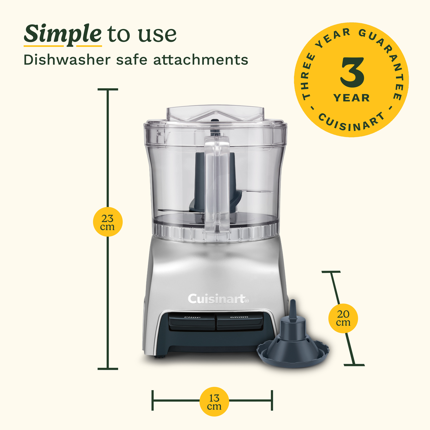 A Cuisinart food processor is shown with dimensions and a 3-year guarantee. It has dishwasher-safe attachments.