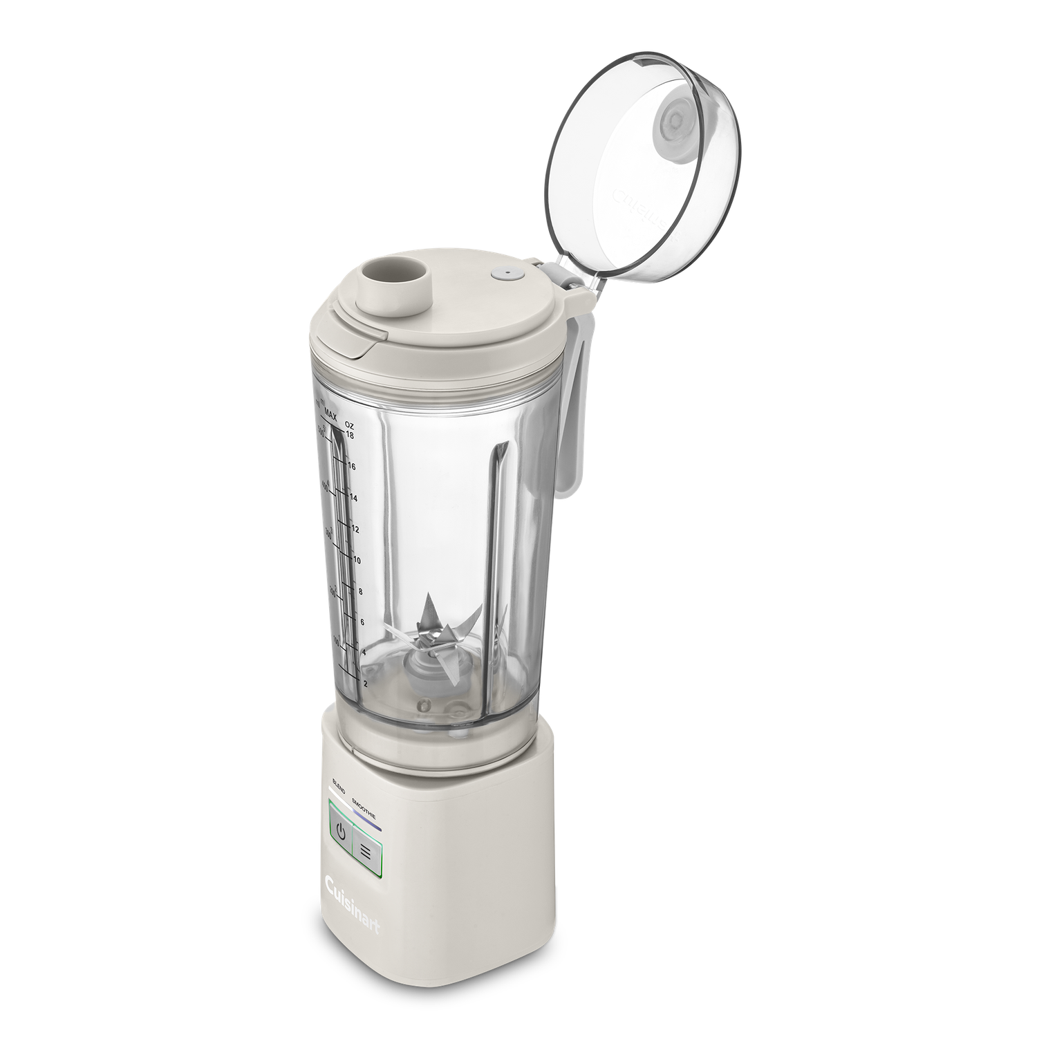 A beige Cuisinart blender with a clear pitcher, open lid, and control buttons. The blender is on a black background.