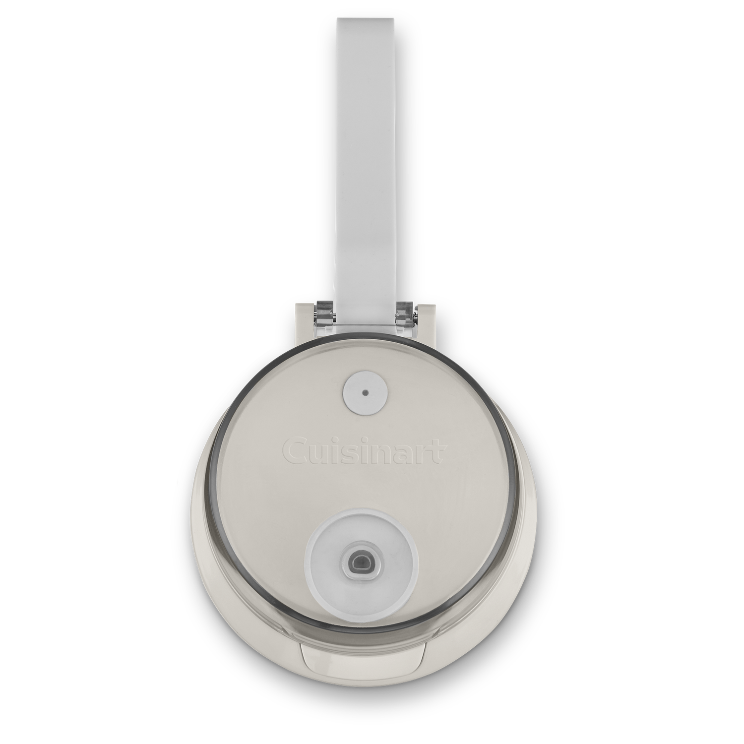 Top view of a Cuisinart food processor. It has a white handle, beige body, and clear plastic bowl on a black background.