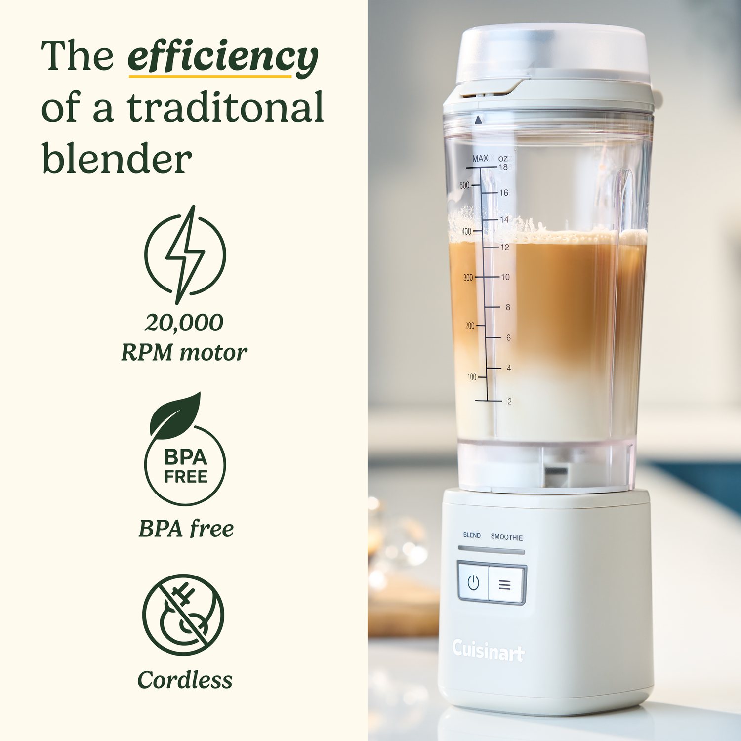 A white Cuisinart blender with a clear container filled with a layered drink. Text highlights efficiency, 20,000 RPM, BPA free, and cordless.