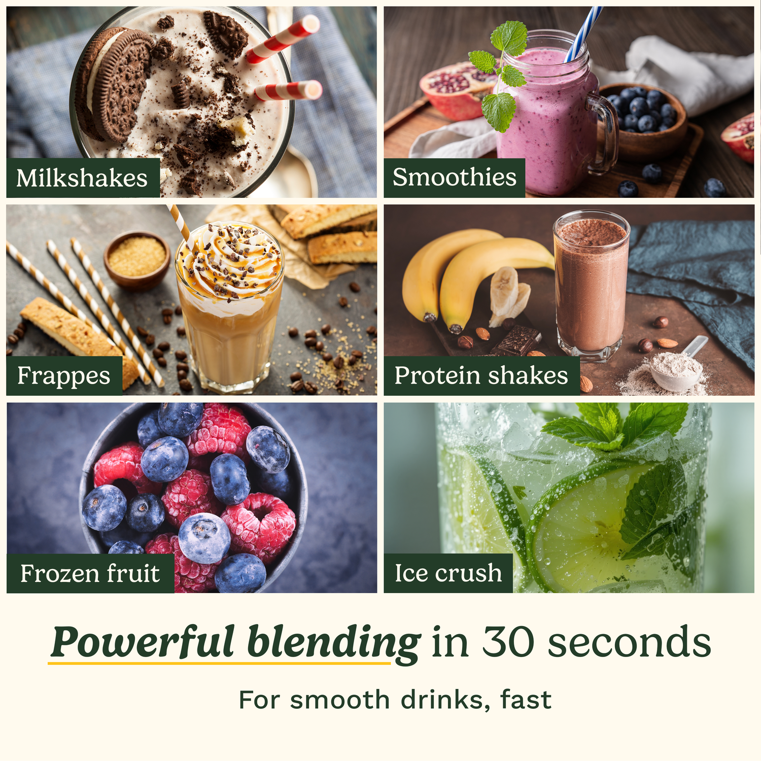 Image showcasing milkshakes, smoothies, frappes, protein shakes, frozen fruit, and ice crush with text: Powerful blending in 30 seconds.