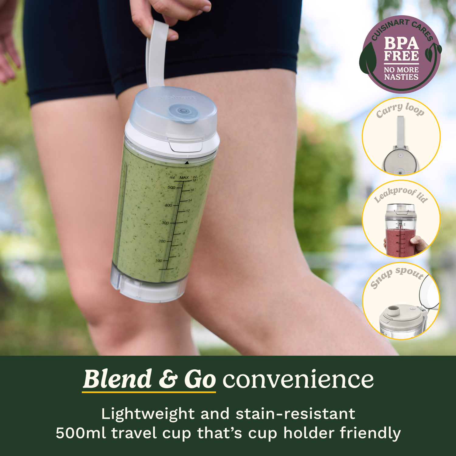 A person holds a Cuisinart travel cup with a green smoothie. Features include a carry loop, leakproof lid, and snap spout.