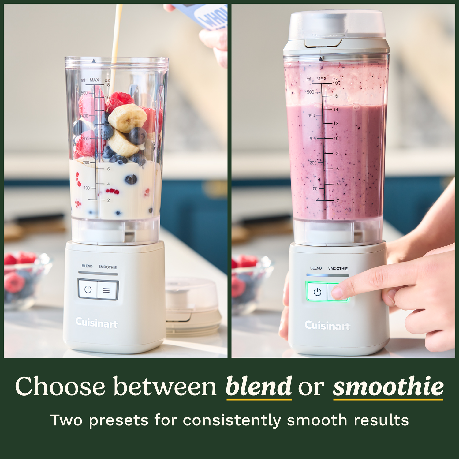 A blender prepares a smoothie. Fruits and liquid are added. A hand presses the power button. The blender is labeled Cuisinart.