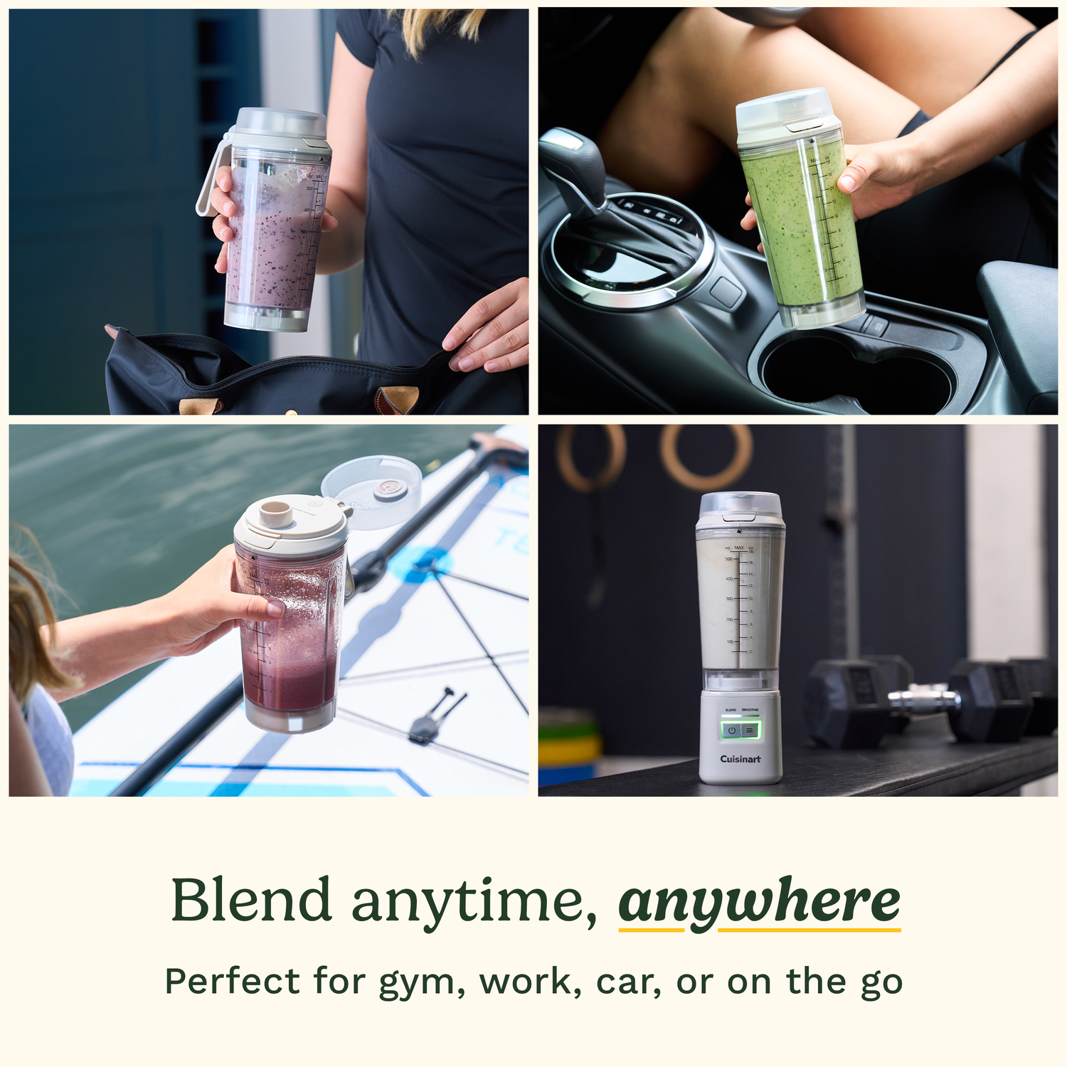 Image shows a blender in different settings: holding it, in a car, on a paddleboard and on a counter with dumbbells. Text says 'Blend anywhere'.