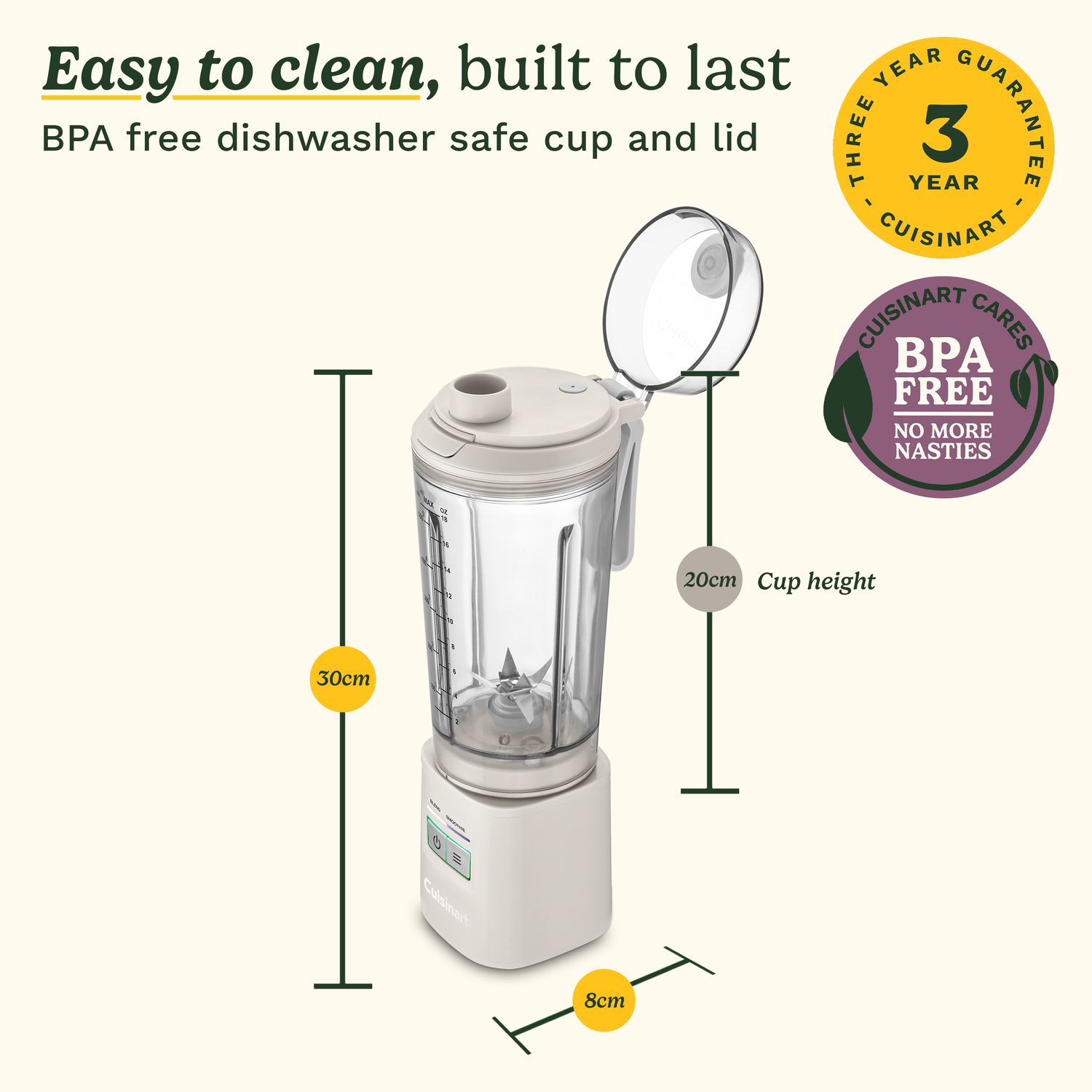 A white Cuisinart blender with an open lid. It has dimensions marked at 30cm, 20cm, and 8cm. BPA free, dishwasher safe.