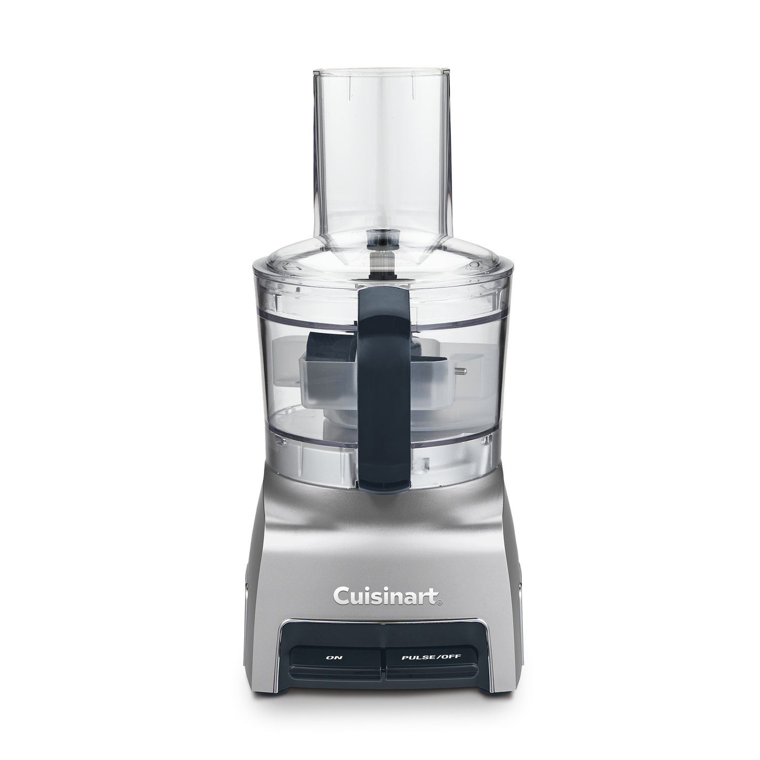 A Cuisinart food processor on a black background. The base is silver, and the bowl and lid are clear plastic.