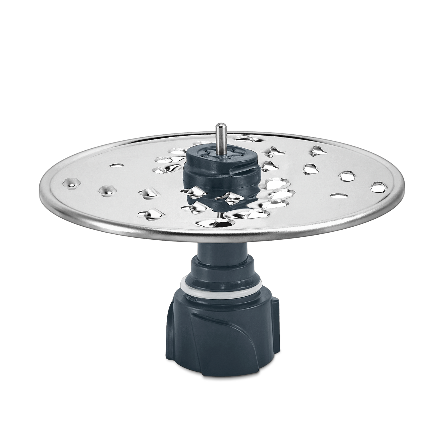 A food processor slicing disc. It is made of metal and plastic. The disc has holes for slicing. It is on a black background.