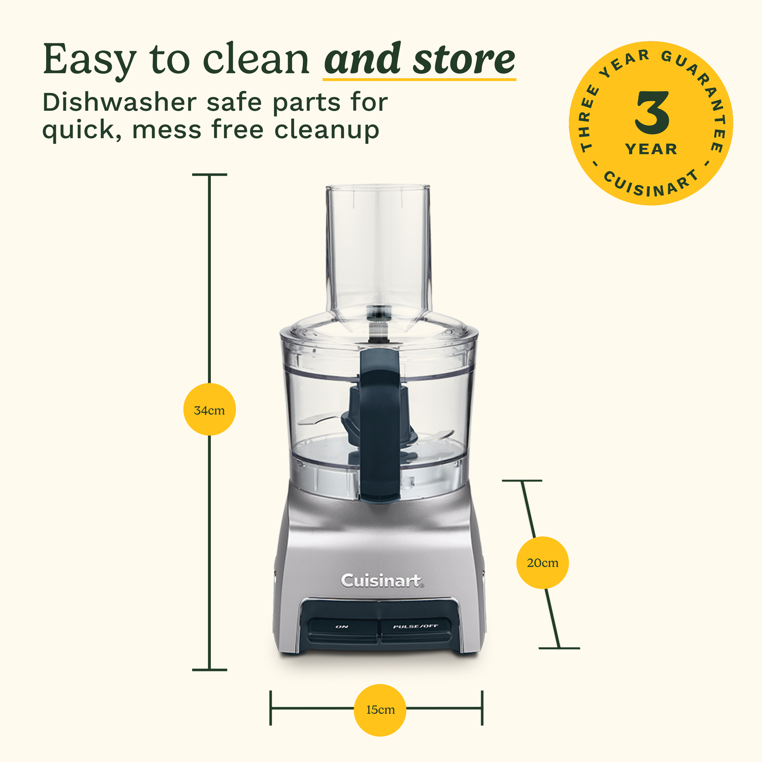 Cuisinart food processor with dimensions labeled. It is silver, has a clear container, and a three-year guarantee badge.