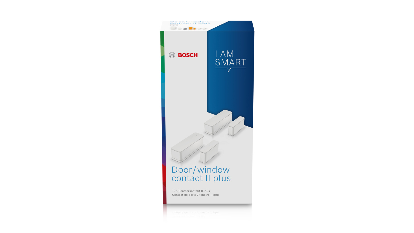 Eine Produktbox in Weiß und Blau. Sie hat das Bosch-Logo, die Worte 'I AM SMART' und Tür-/Fensterkontakt II plus.