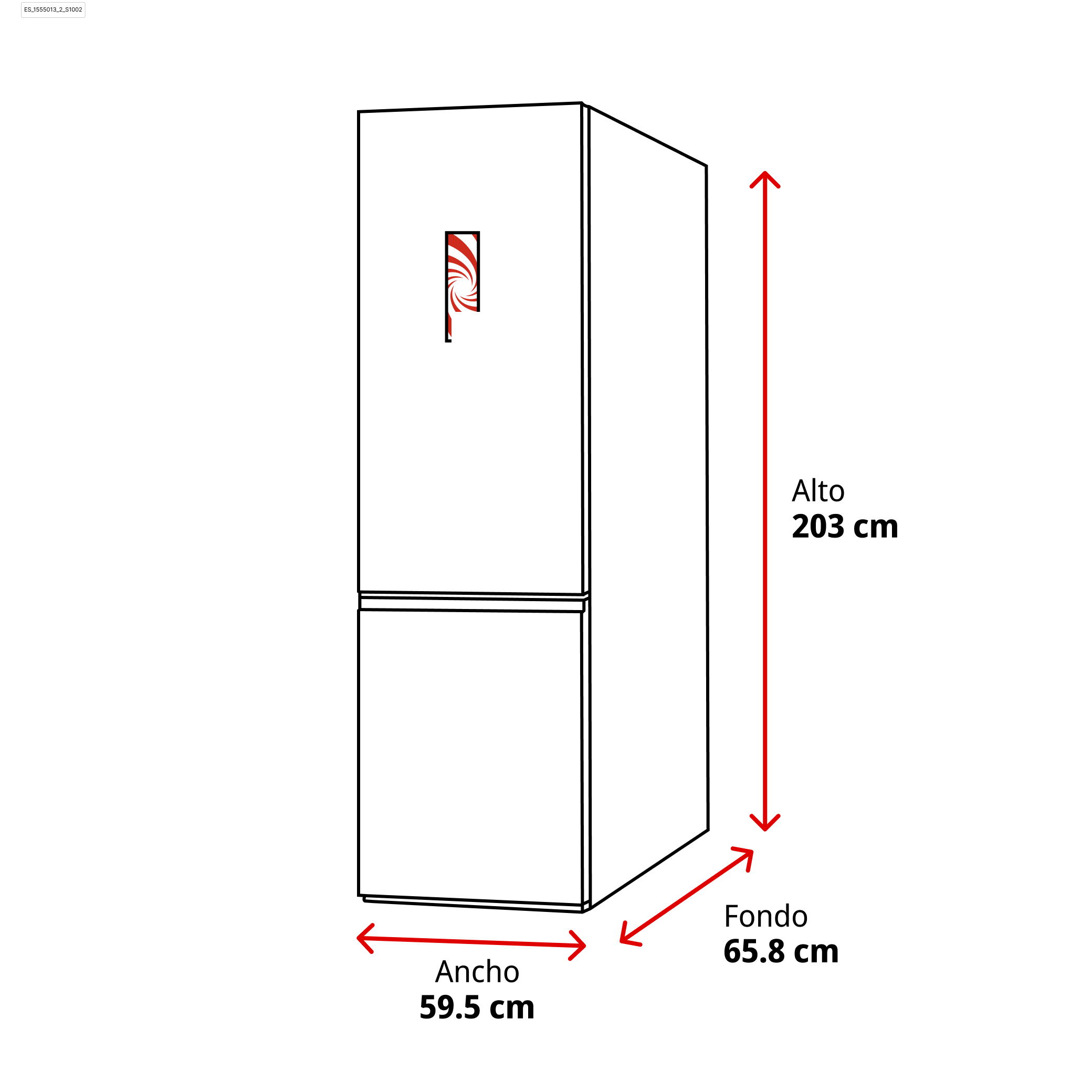 Un frigorífico blanco con contornos negros y flechas de dimensiones rojas. Dimensiones: 203cm alto, 59.5cm ancho y 65.8cm fondo.