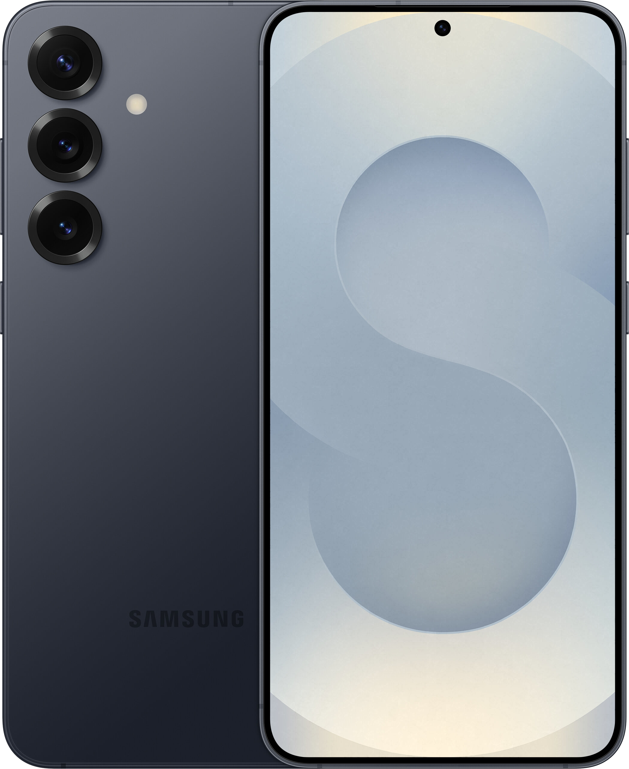Wyświetlany jest ciemnoniebieski smartfon, z potrójnym obiektywem aparatu i ekranem z jasnoniebieskim, abstrakcyjnym wzorem.