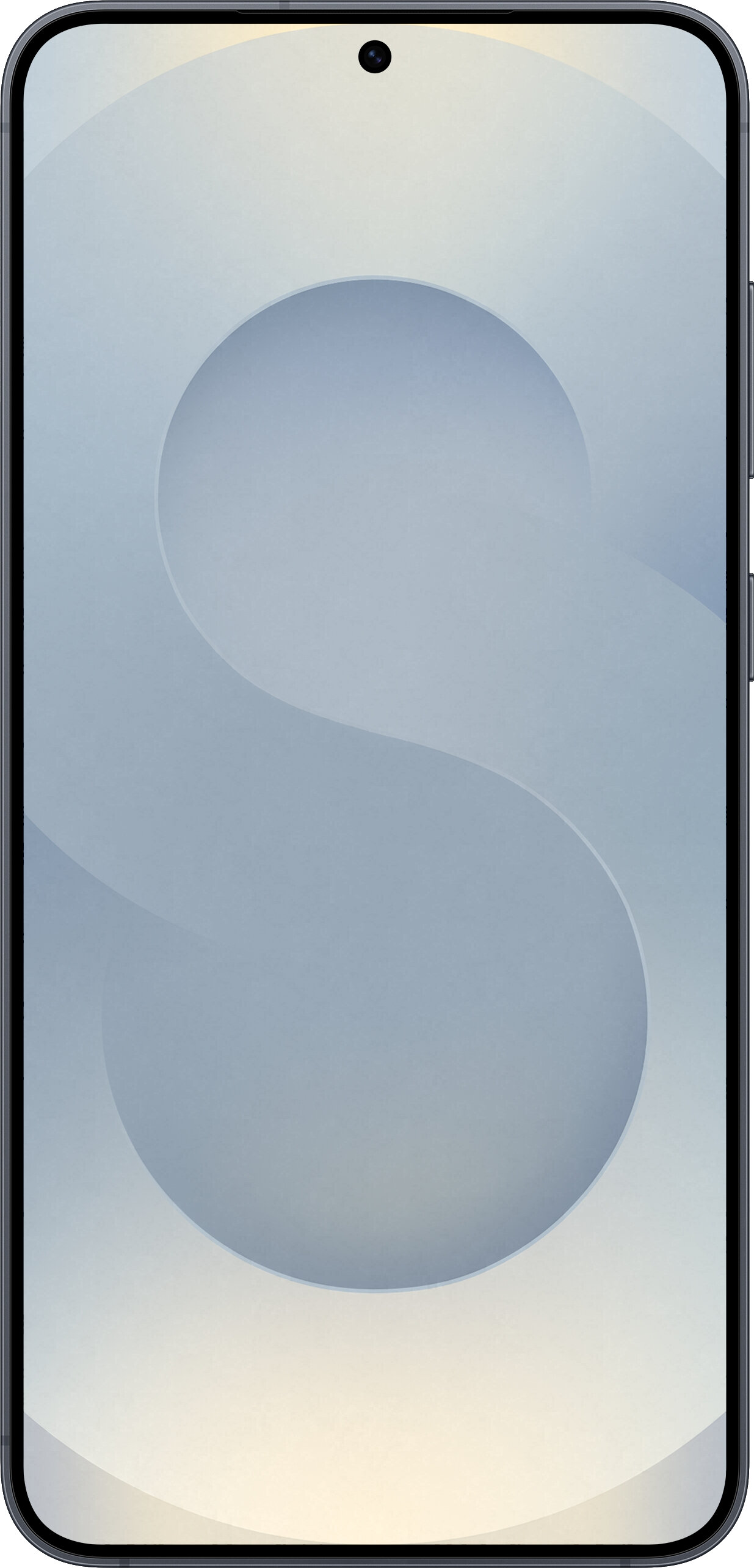 Smartfon z niebieskim ekranem wyświetlającym jasnoniebieski wzór S. U góry widoczny jest aparat.