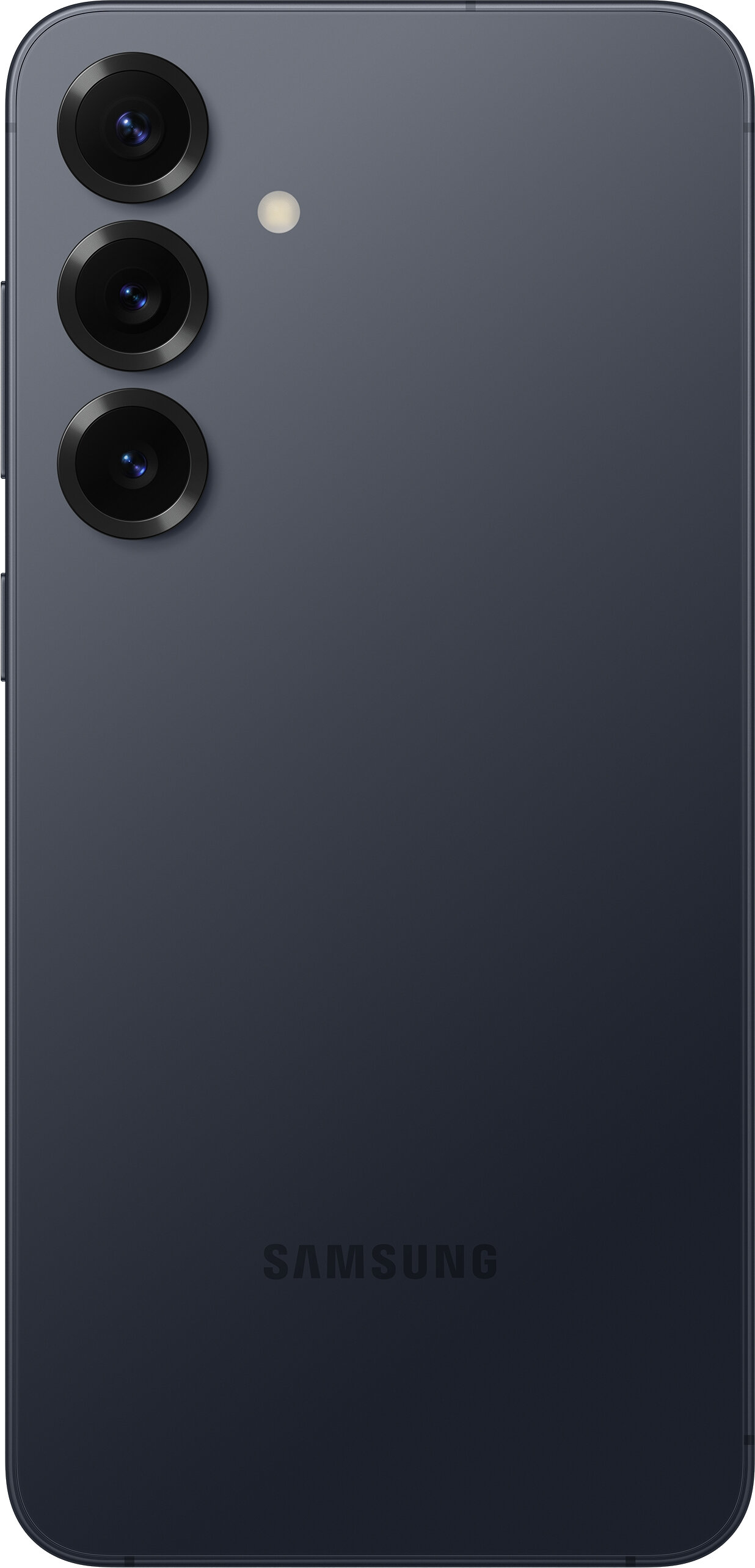 Tył ciemnoniebieskiego smartfona. Posiada trzy obiektywy aparatu, lampę błyskową i logo Samsung. Telefon ma zaokrąglone krawędzie.