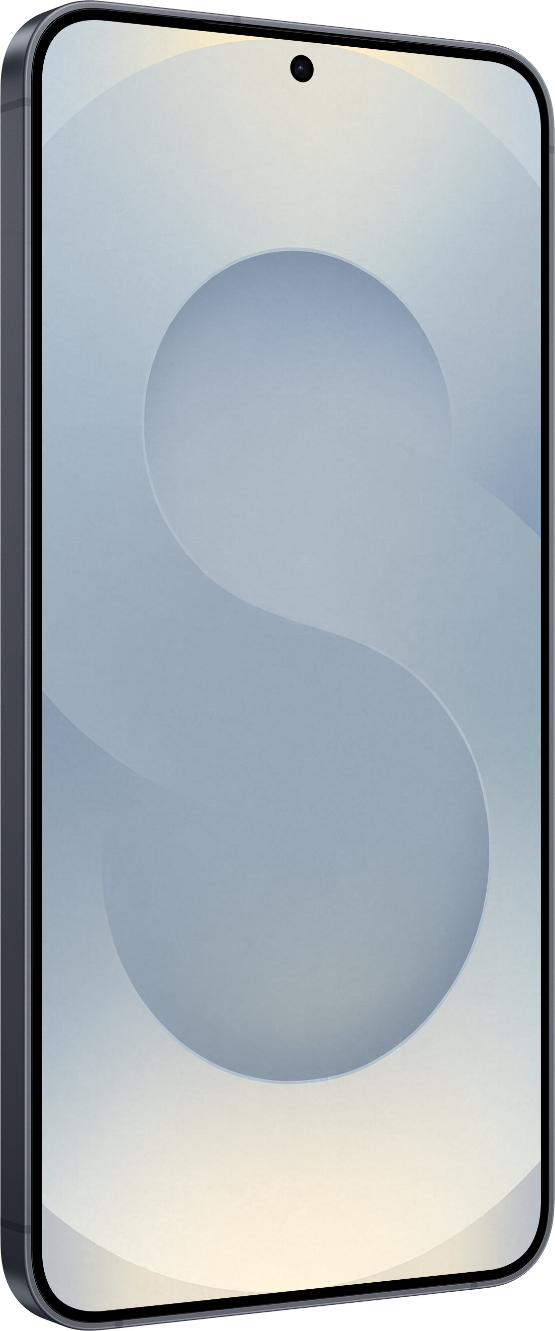 Smartfon z jasnoniebieskim gradientem w tle. Ekran wyświetla duży, zakrzywiony kształt przypominający literę 'S'.