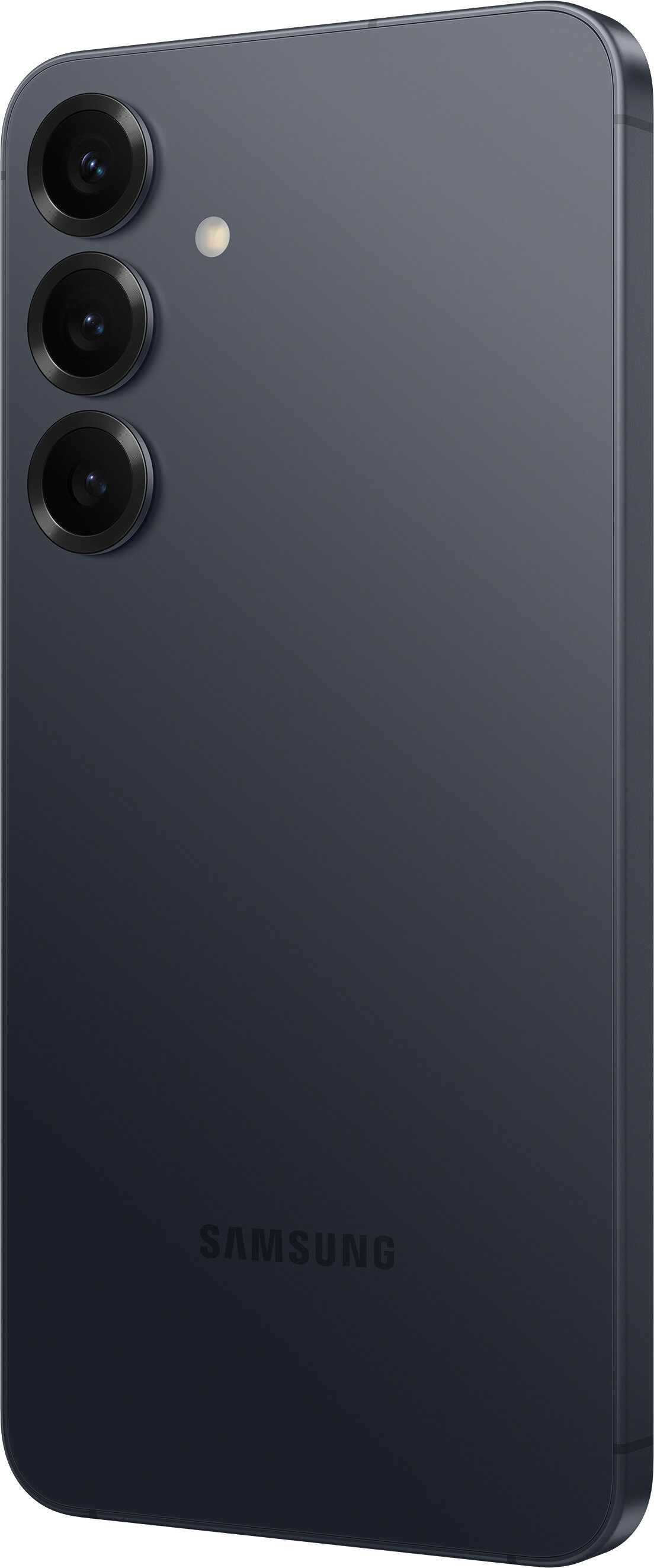 Tył ciemnoniebieskiego telefonu Samsung z trzema obiektywami aparatu, lampą błyskową i logo 'SAMSUNG'. Eleganckie, błyszczące wykończenie.