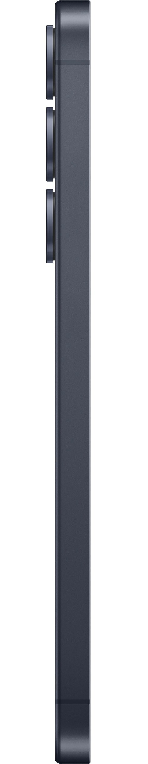 Widok z boku ciemnoniebieskiego smartfona, z wypukłościami aparatu i teksturowaną powierzchnią, na białym tle.