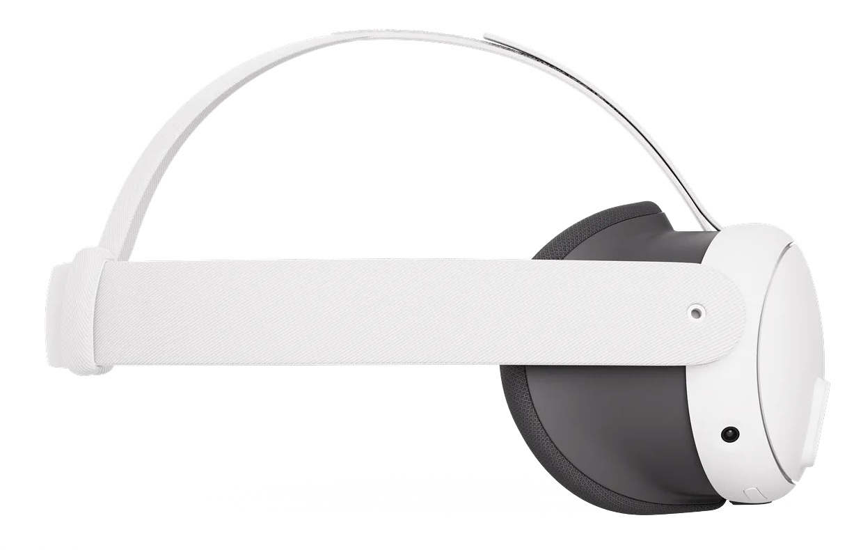 Biały zestaw VR z białym paskiem i szarą poduszką jest wyświetlany na czarnym tle, widok z boku.