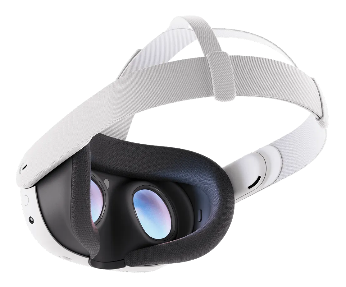 Biały zestaw VR na czarnym tle. Ma opaskę na głowę i soczewki. Wnętrze jest czarne.