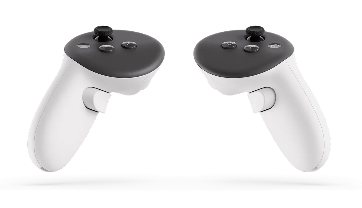 Dwa białe kontrolery VR z czarnymi górnymi częściami i przyciskami są pokazane na czarnym tle. Każdy ma spust i joystick.