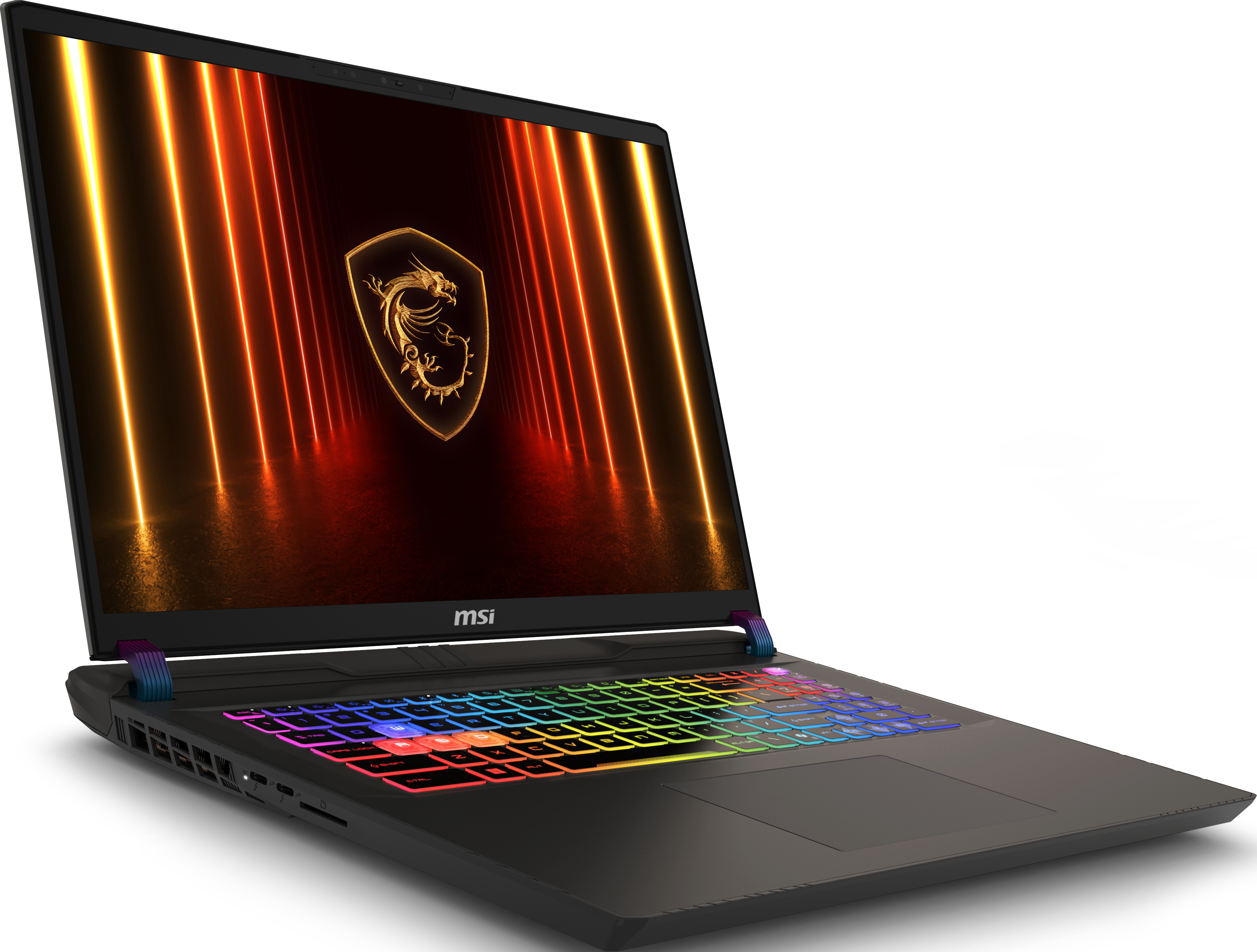 MSI-Laptop mit beleuchteter Tastatur. Der Bildschirm zeigt ein Drachenlogo auf feurigem Hintergrund. Schwarzer Korpus, weißer Hintergrund.
