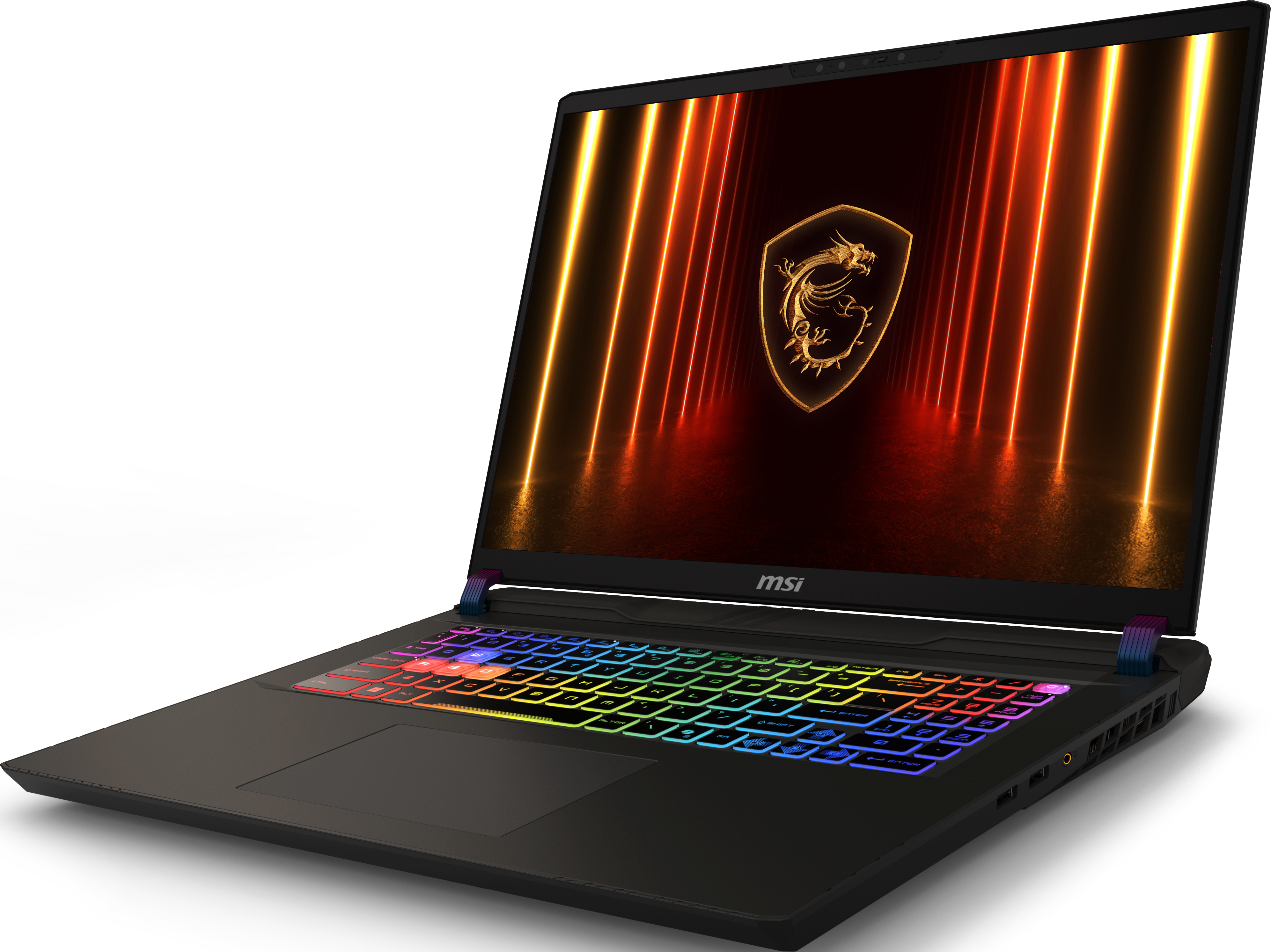Ein schwarzer MSI-Laptop mit farbenfroher Hintergrundbeleuchtung der Tastatur, zeigt ein Drachenlogo auf dem Bildschirm.