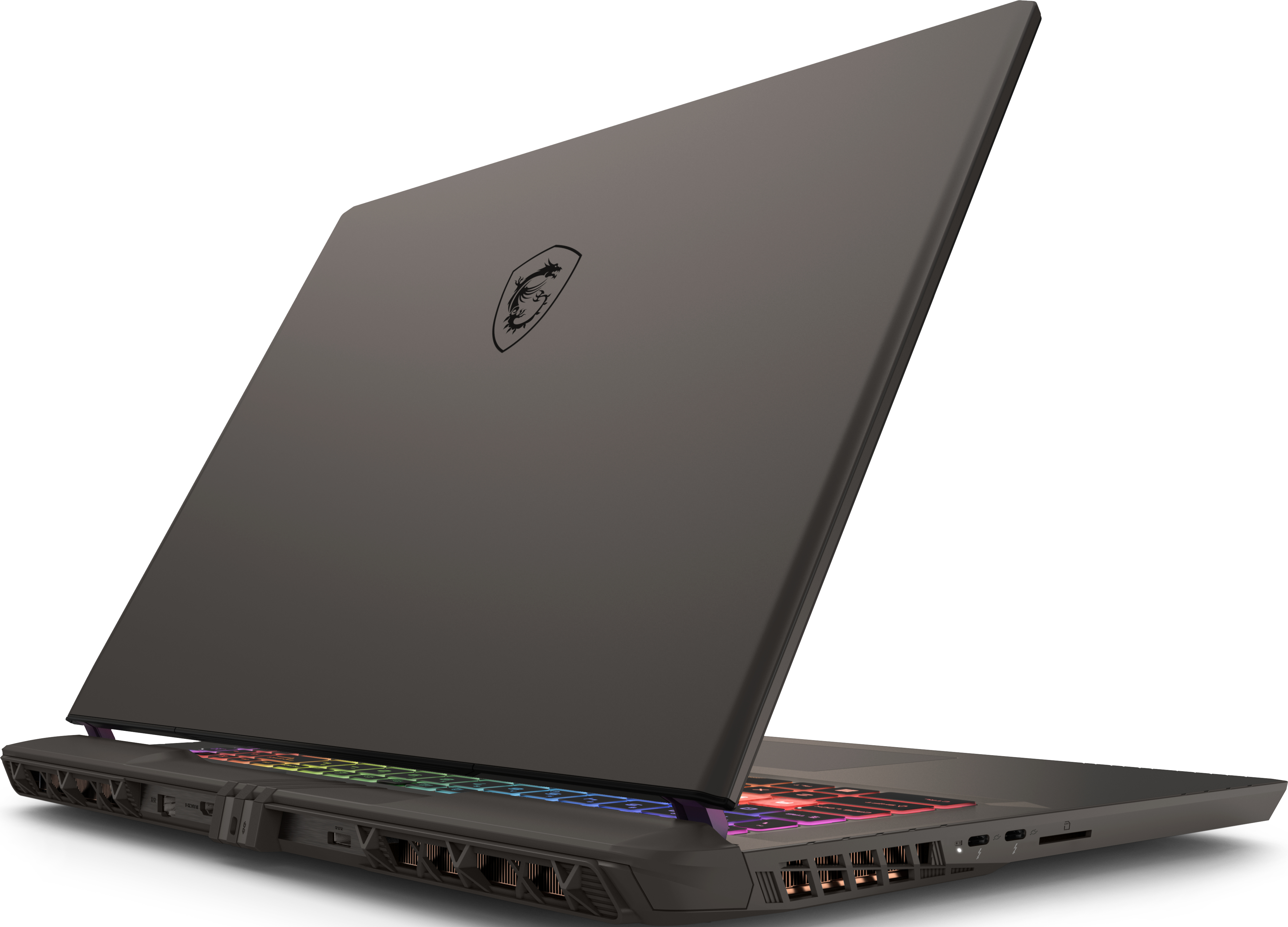 Ein dunkelgrauer Laptop ist leicht geöffnet und zeigt eine bunte Tastatur. Das MSI-Logo befindet sich auf dem Deckel. Der Hintergrund ist weiß.