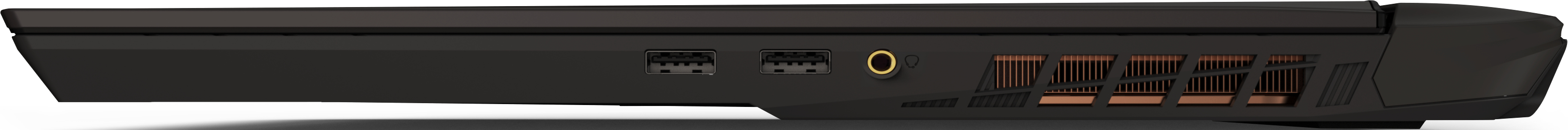Seitenansicht eines schwarzen Laptops. Sichtbar sind Anschlüsse, Lüftungsschlitze und eine goldfarbene Audiobuchse. Der Laptop steht auf einer weißen Oberfläche.