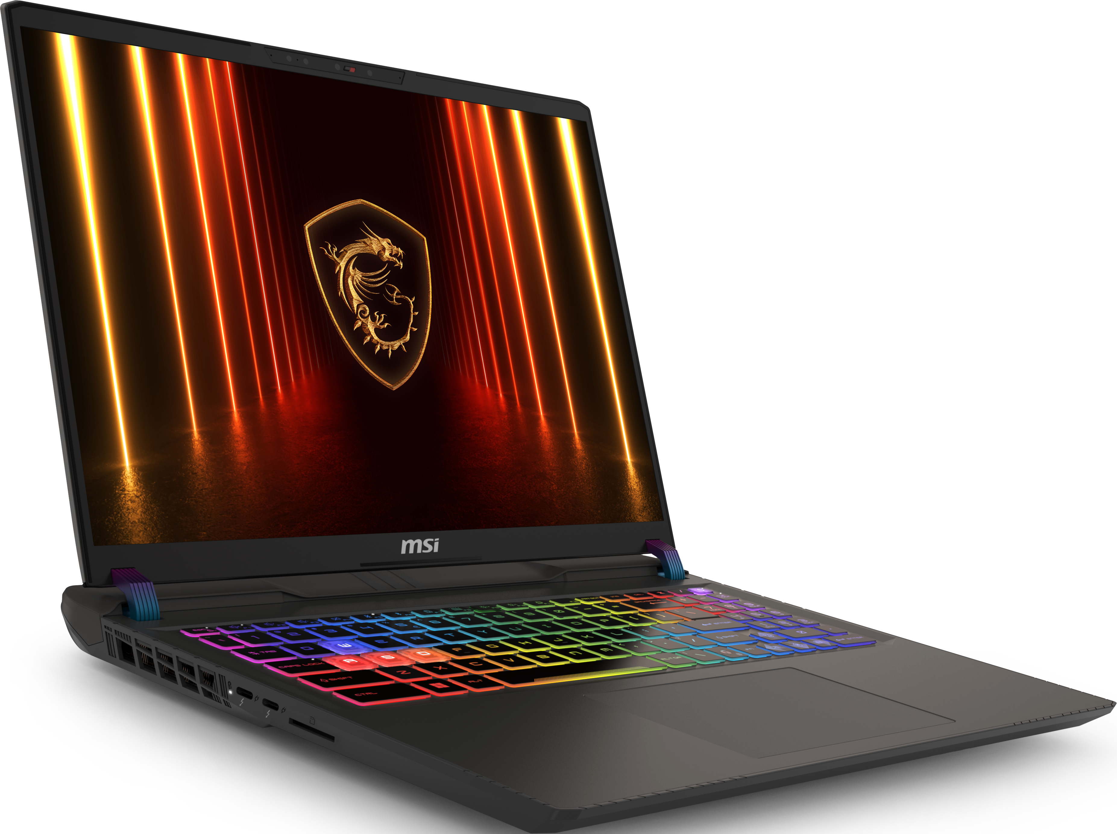 Un ordinateur portable MSI noir avec clavier arc-en-ciel. L'écran affiche un logo de dragon doré et des lumières oranges.