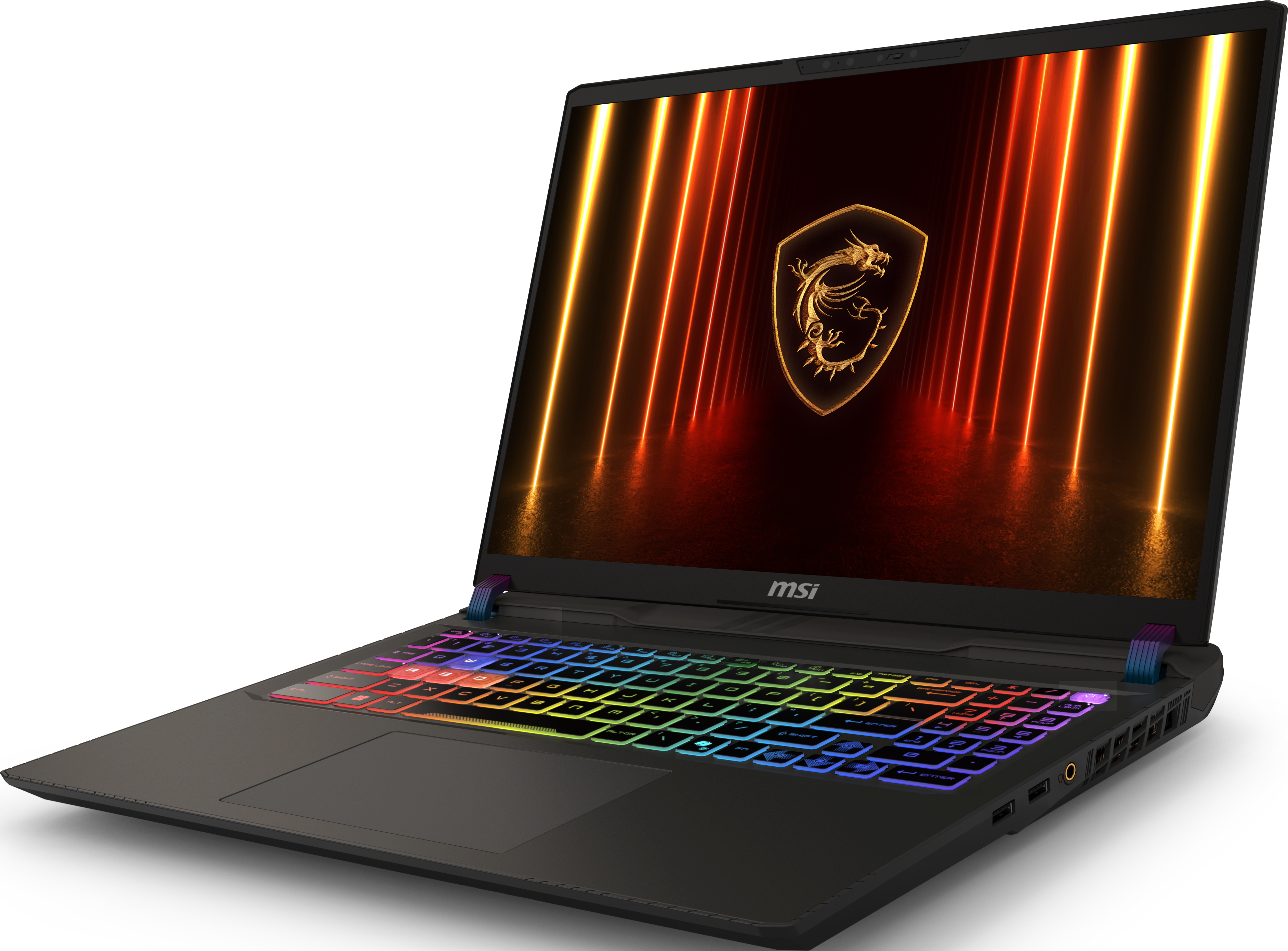 Un ordinateur portable MSI noir avec un clavier coloré et un écran affichant un logo de dragon illuminé.
