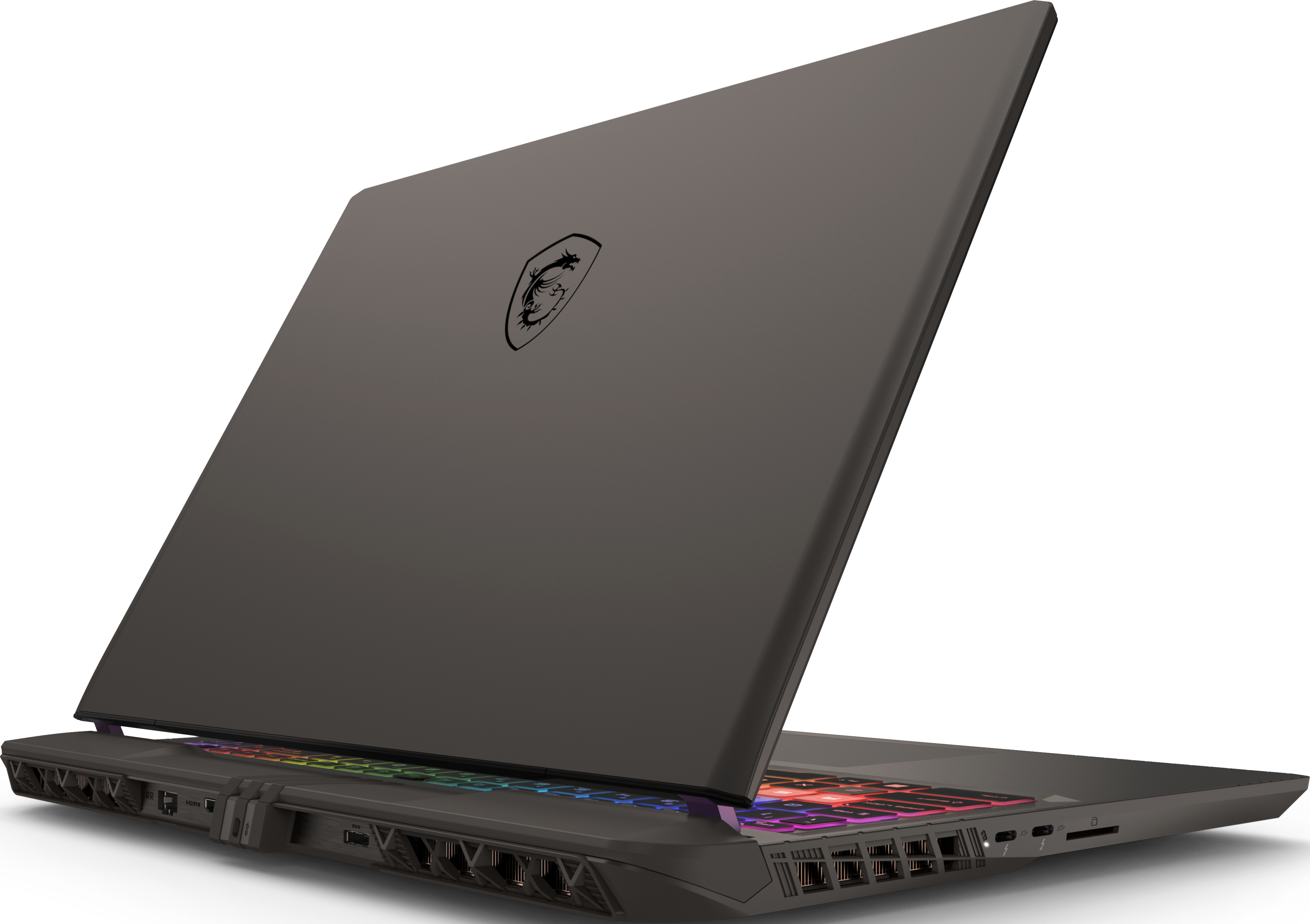 Un ordinateur portable gris foncé est légèrement ouvert. Le clavier brille de plusieurs couleurs. Le logo MSI est sur le couvercle.
