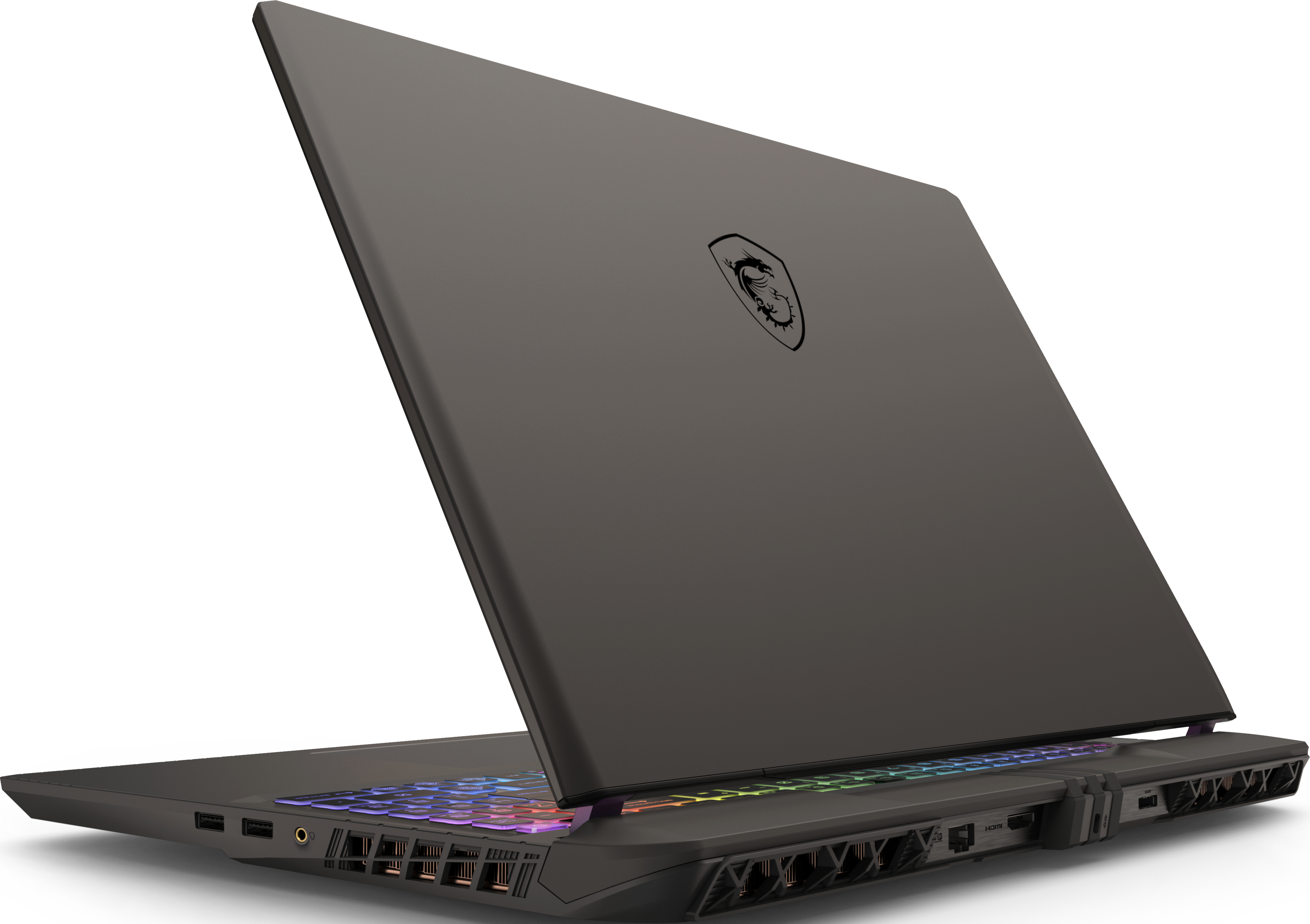 Ordinateur portable avec écran ouvert. Le clavier est éclairé de plusieurs couleurs. Logo MSI au dos.