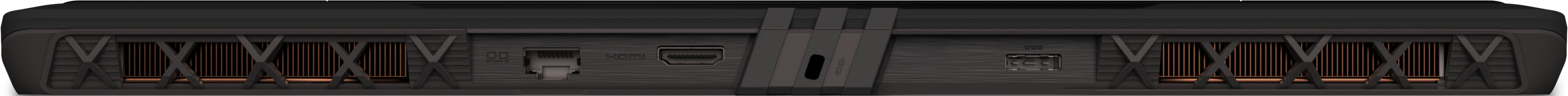 Appareil électronique gris foncé. Il a des évents et des ports. Éléments cuivrés à l'intérieur des évents. Ports HDMI et USB.