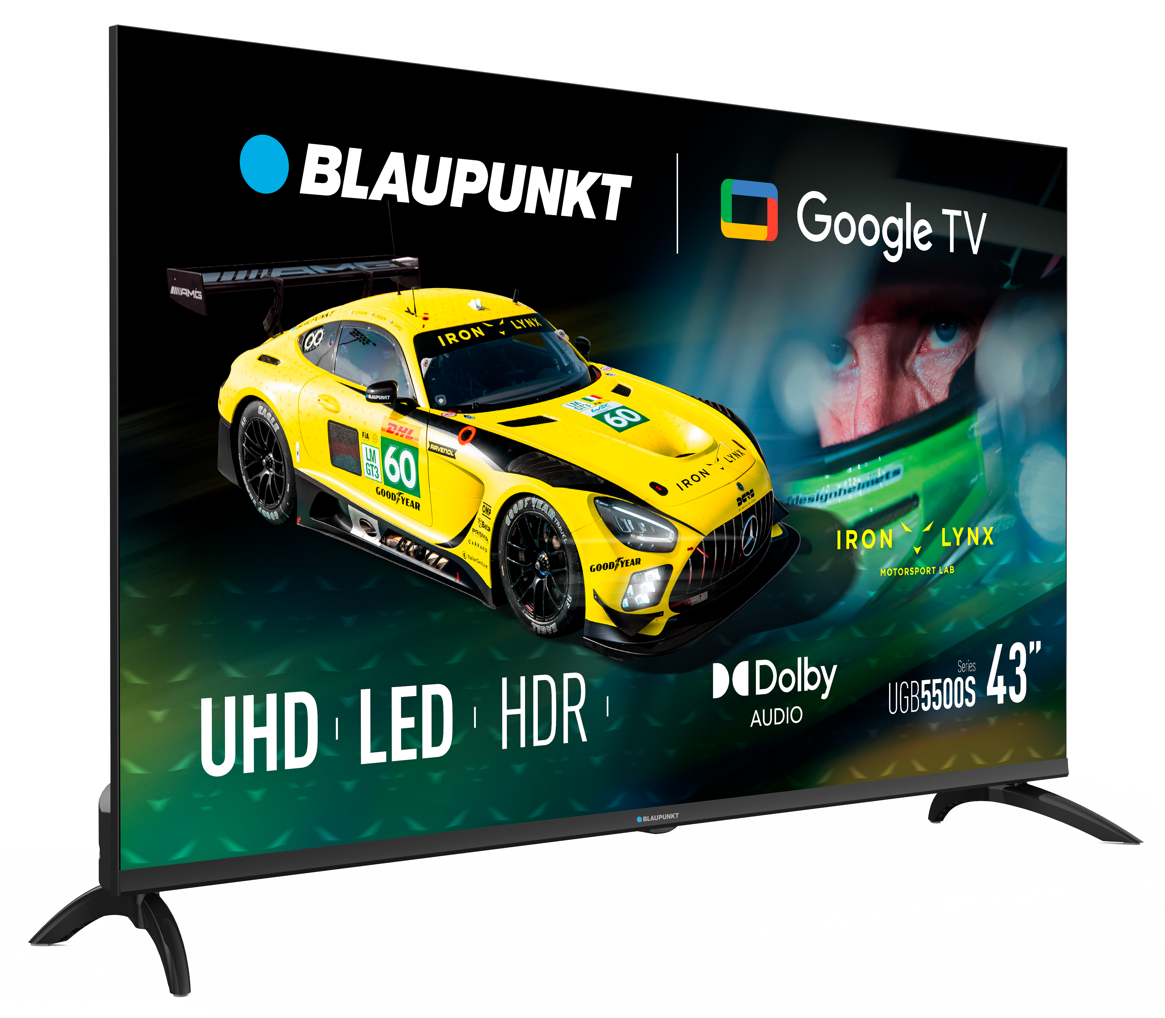 Telewizor Blaupunkt 43" wyświetla żółty samochód wyścigowy z logo Google TV. Funkcje obejmują UHD, LED, HDR i Dolby Audio.