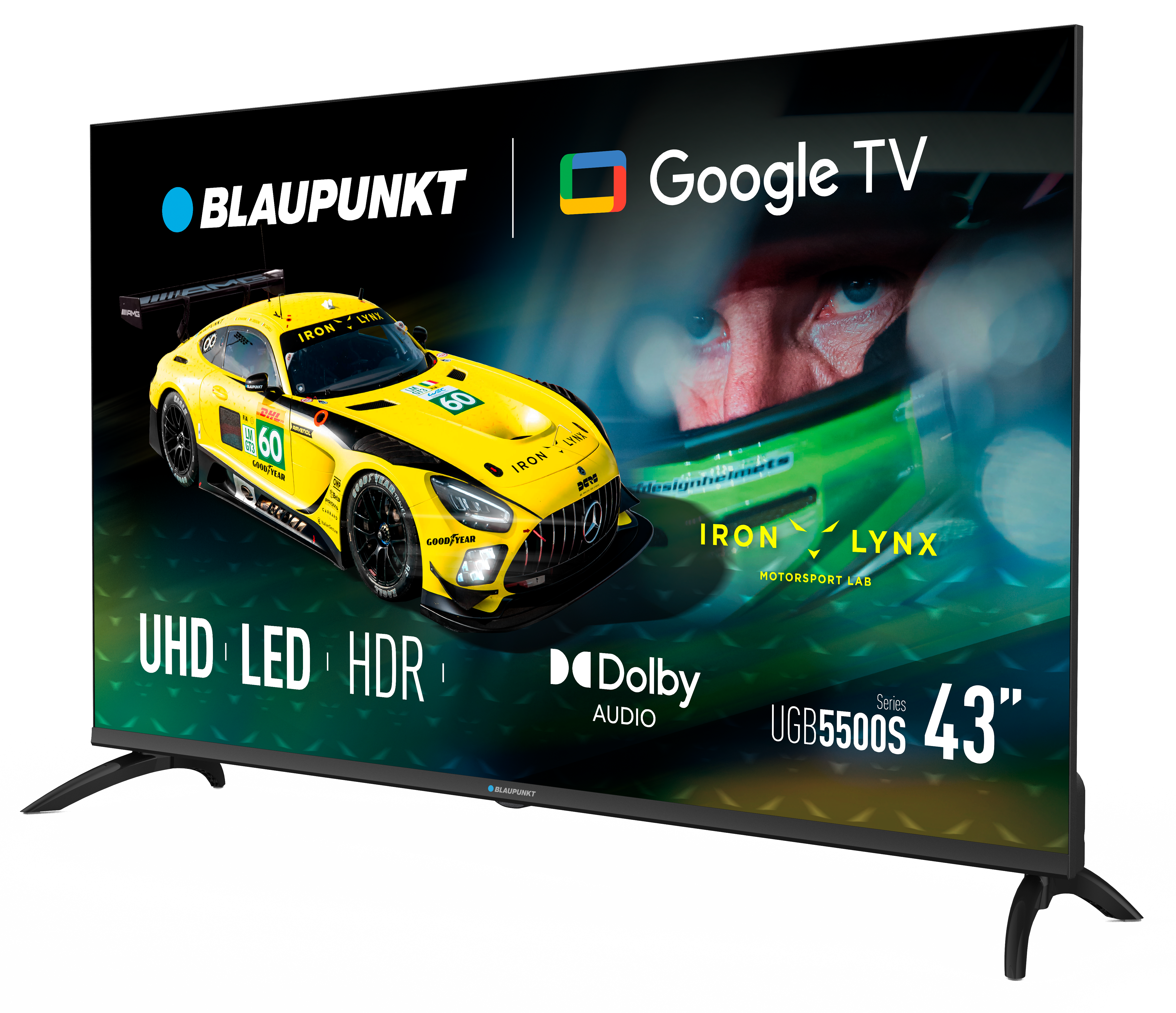 Telewizor Blaupunkt 43" wyświetla żółty samochód wyścigowy z logo Google TV. Posiada UHD, LED, HDR i Dolby Audio.