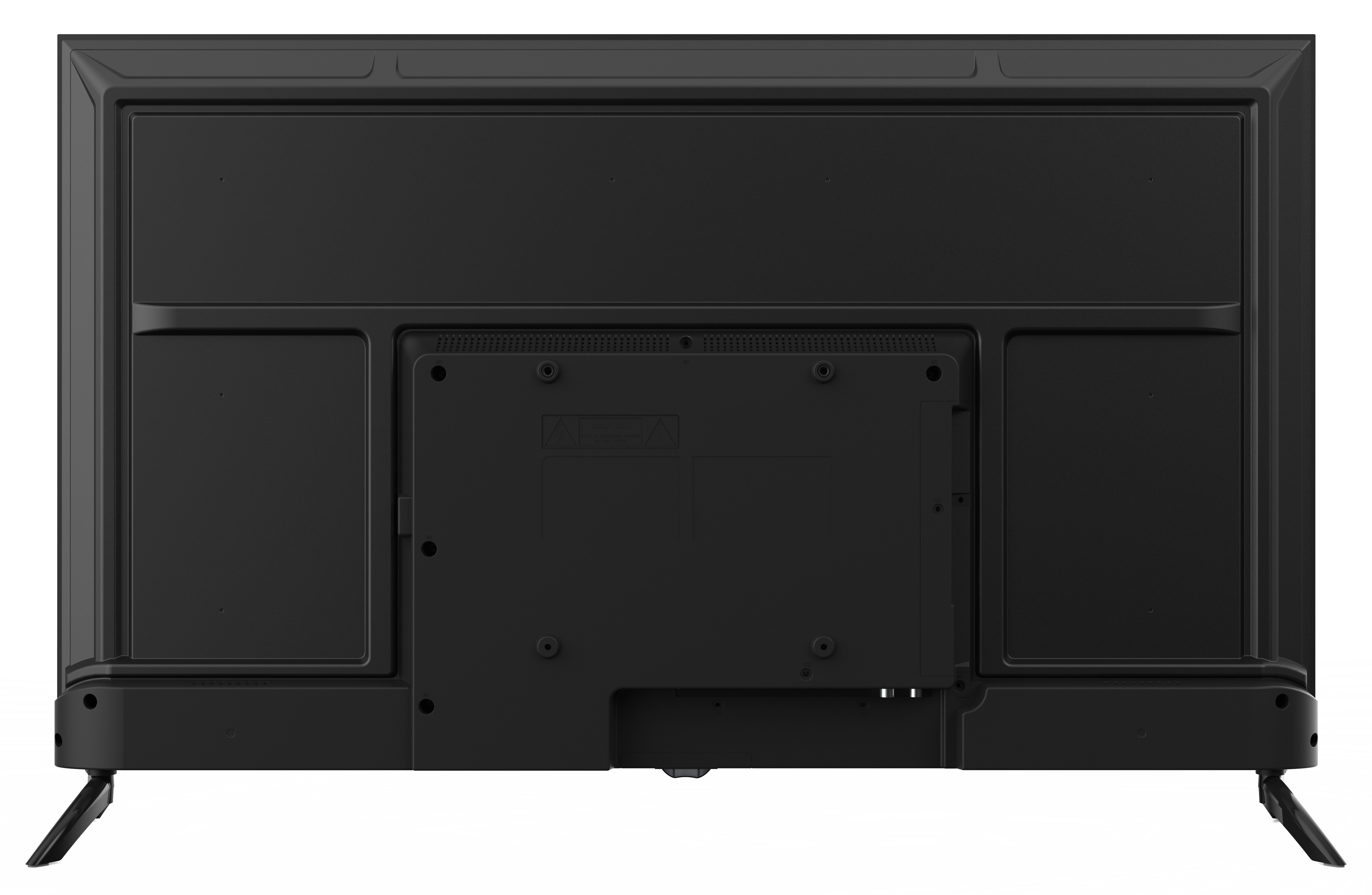 Tył czarnego telewizora. Ma prostokątny kształt z przegródkami, portami i nóżkami u dołu.